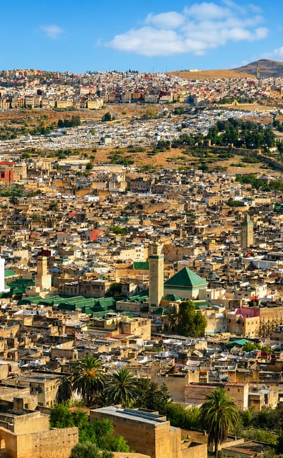 Aerial view of the Fes medina filling the valley, with a green-tiled minaret and earthen rooftops beneath surrounding hills