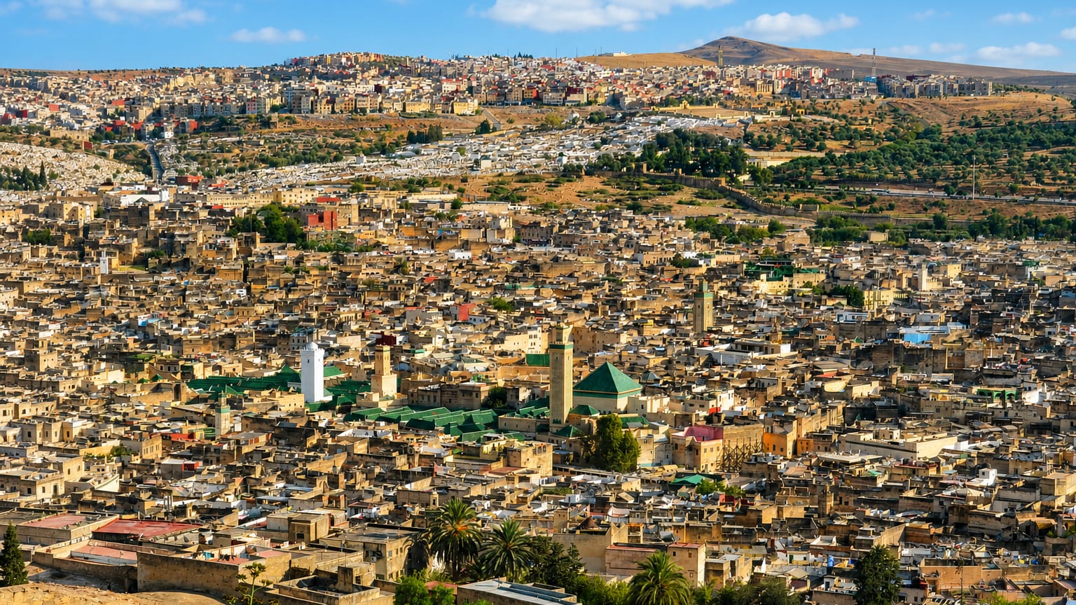 Aerial view of the Fes medina filling the valley, with a green-tiled minaret and earthen rooftops beneath surrounding hills
