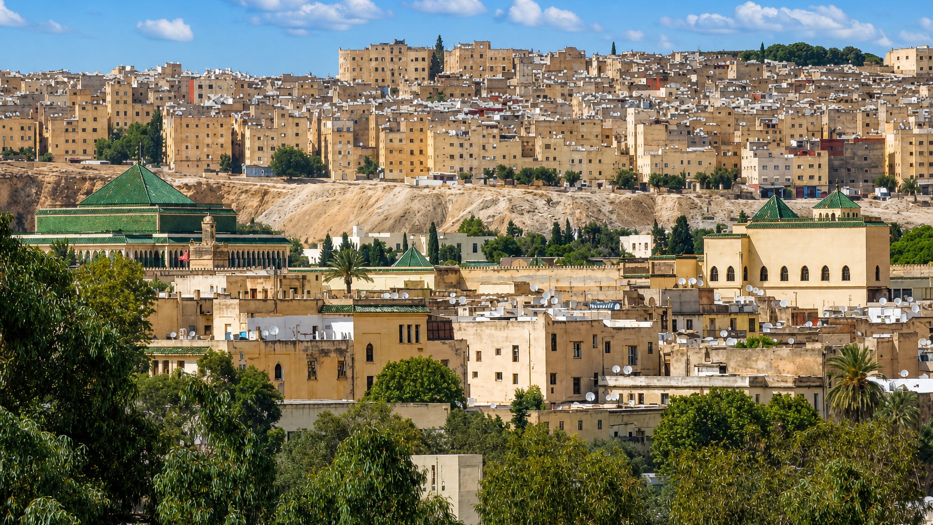 Green-tiled palace roofs of New Fes with the tan hillside quarters of Fes rising behind.