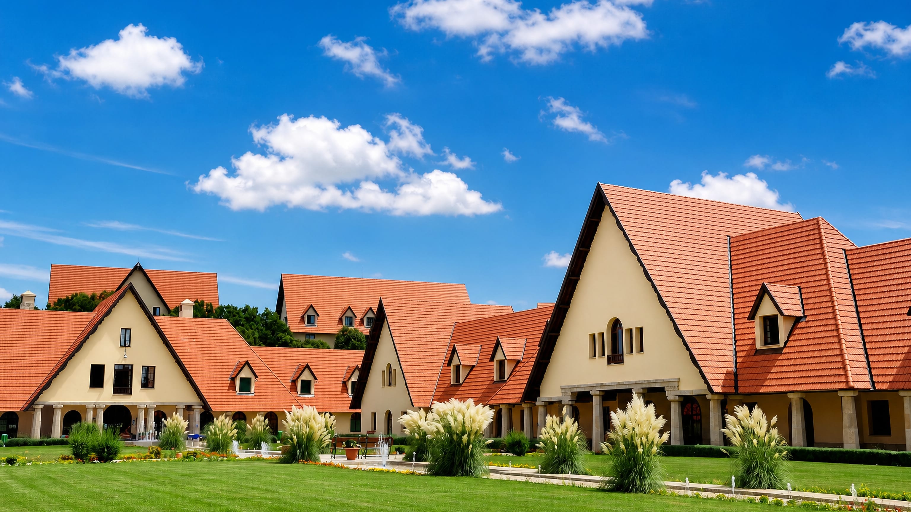 Steep red-tiled alpine-style buildings and manicured lawns in Ifrane, Morocco's Middle Atlas resort town.