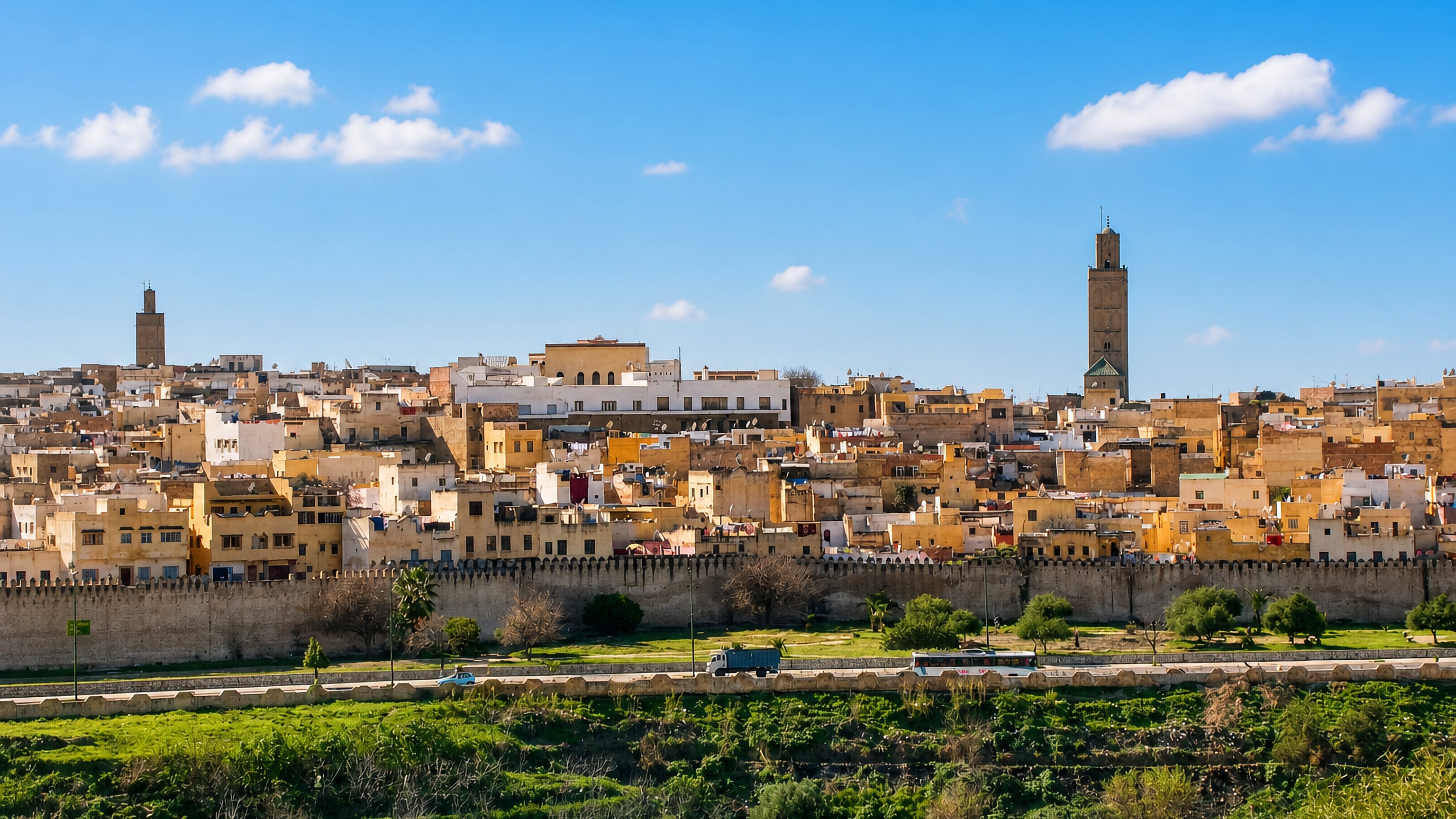 Meknes, Morocco: the ochre medina rises behind its crenellated ramparts, a tall minaret over the rooftops.