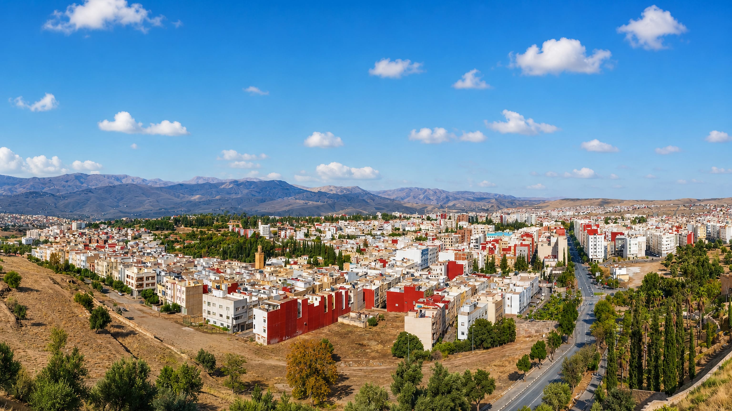 Taza's white and red apartment blocks on a dry hillside below the mountains of northern Morocco