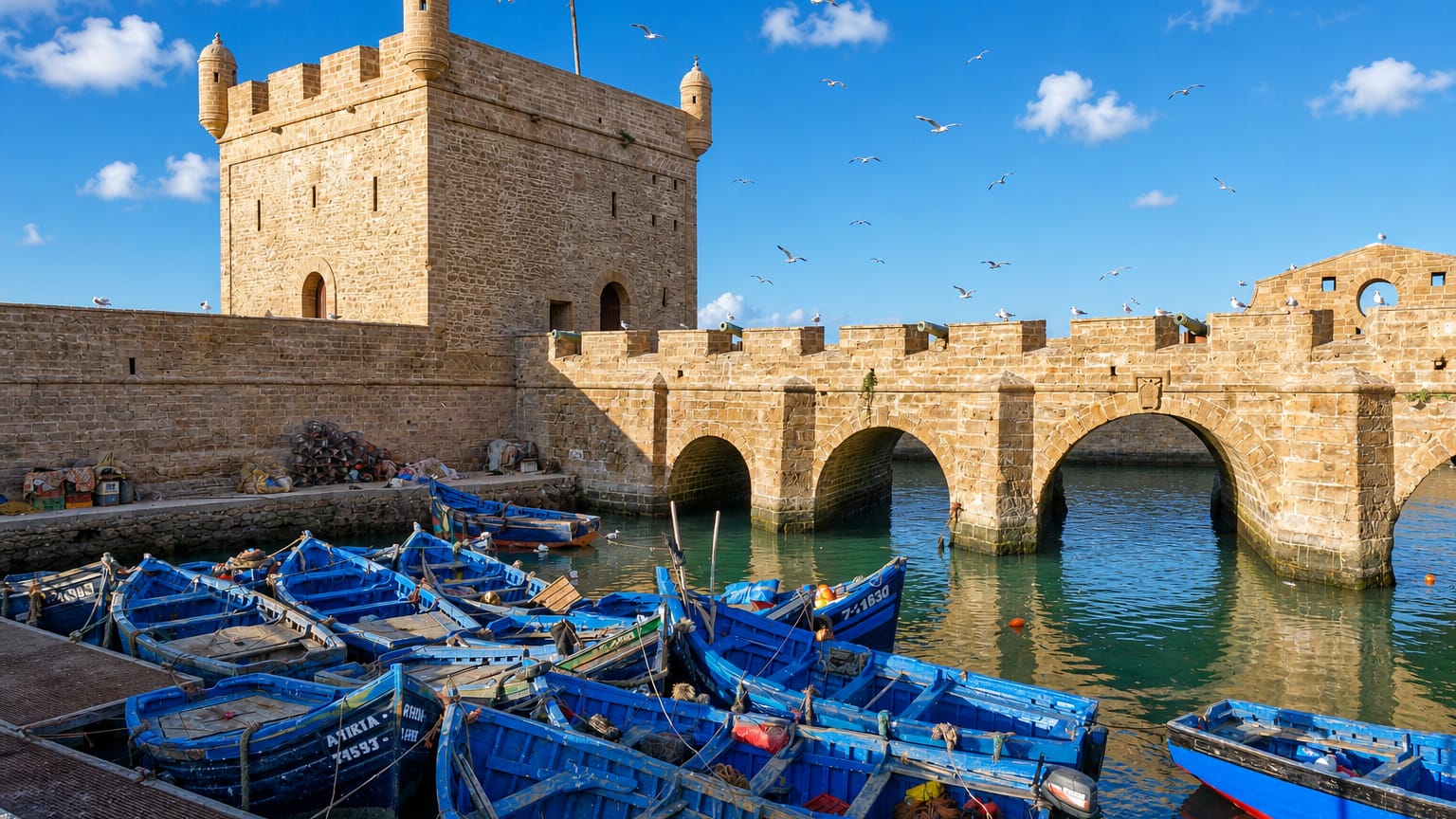 Essaouira's Skala harbour ramparts and stone watchtower above rows of blue wooden fishing boats