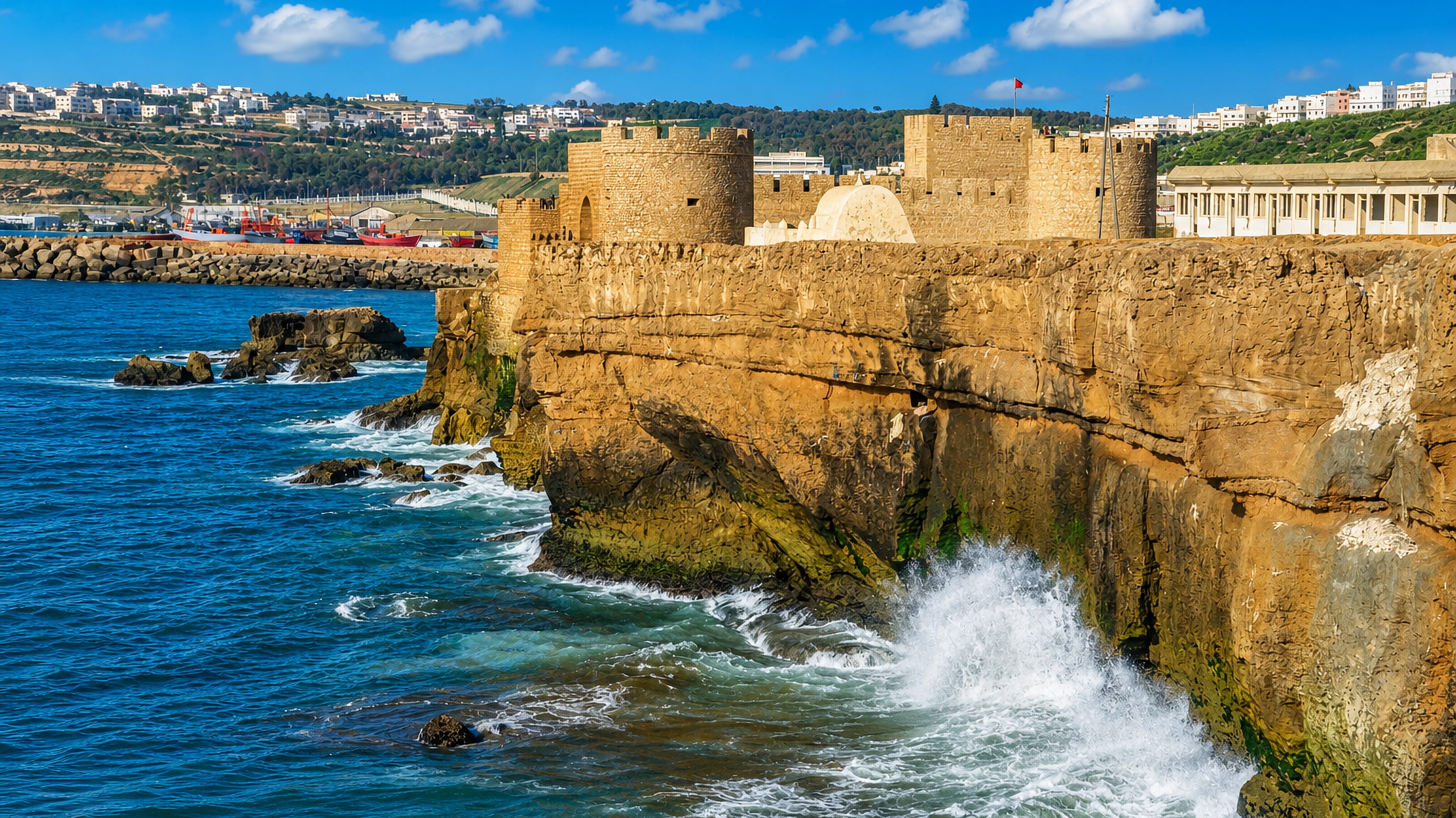 Cliff-top stone fortress and whitewashed hillside above the Atlantic surf at Safi, Morocco, with the port beyond.