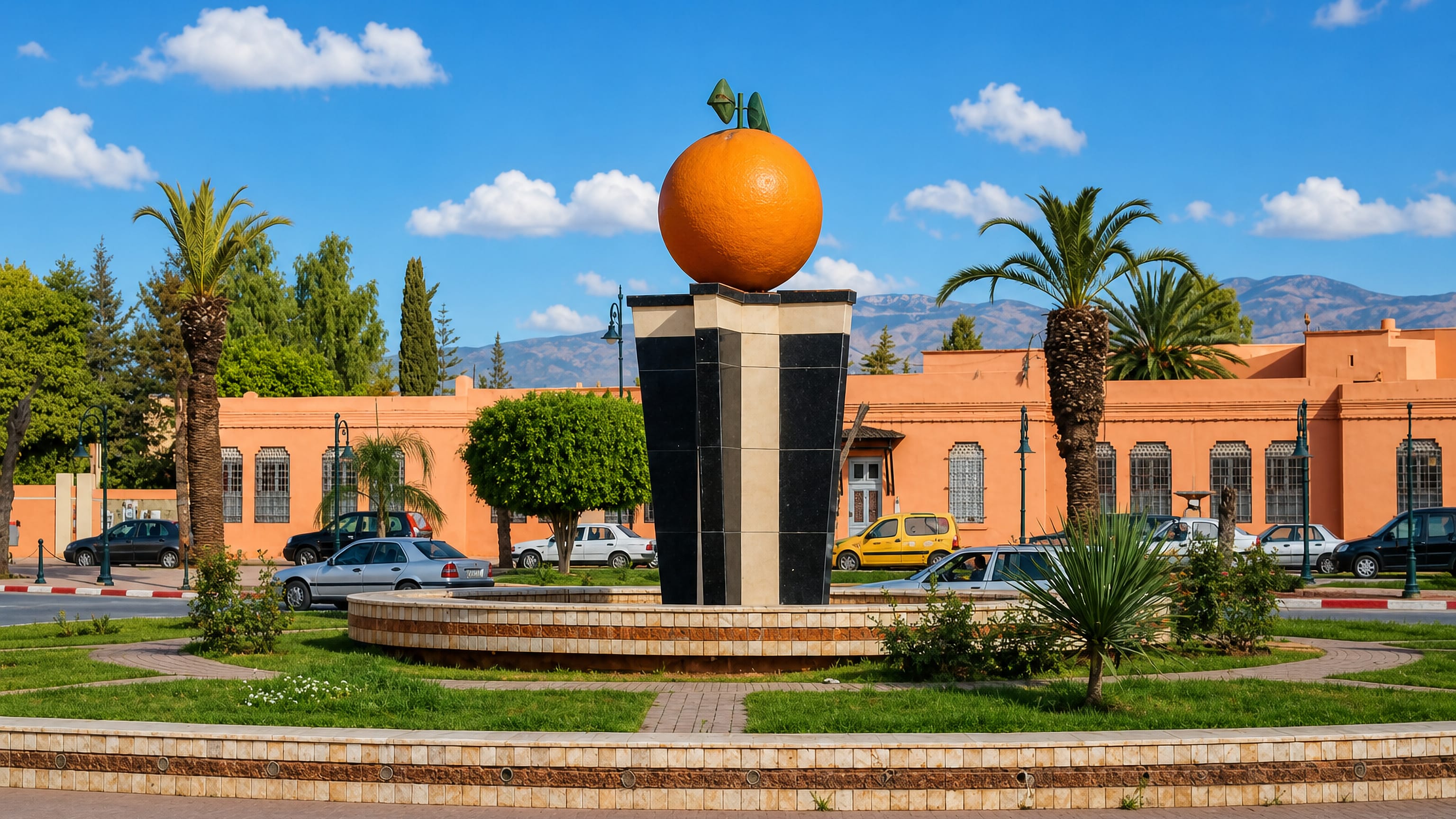 Berkane's giant orange monument on a landscaped roundabout, with ochre arcades and the Beni-Snassen hills behind.