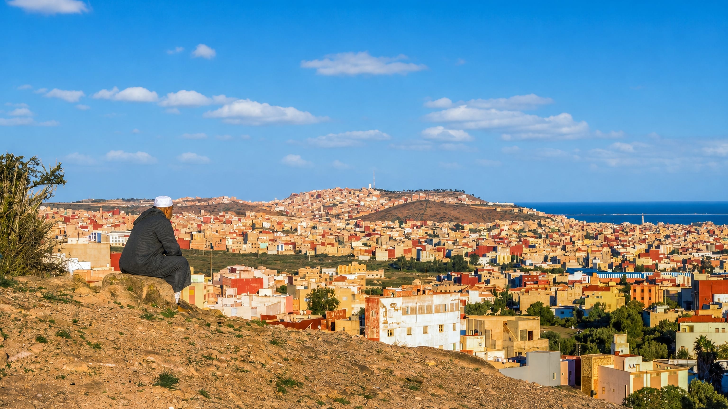 A man in a djellaba looking out over Nador's colourful low-rise sprawl toward the Mediterranean.