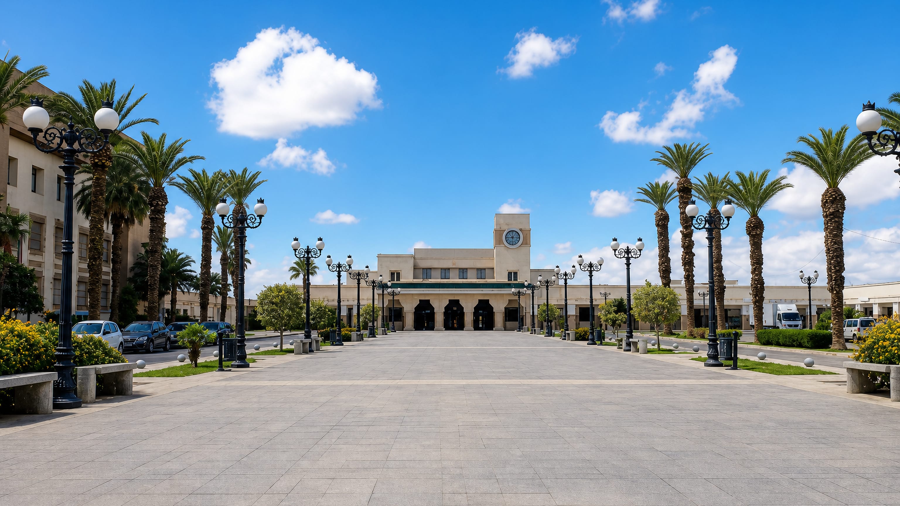 Palm-lined esplanade leading to an arcaded clock-tower building in central Oujda, Morocco