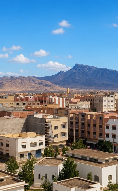 Rooftops and low apartment blocks of Taourirt, Morocco, with a minaret and arid mountains rising behind.