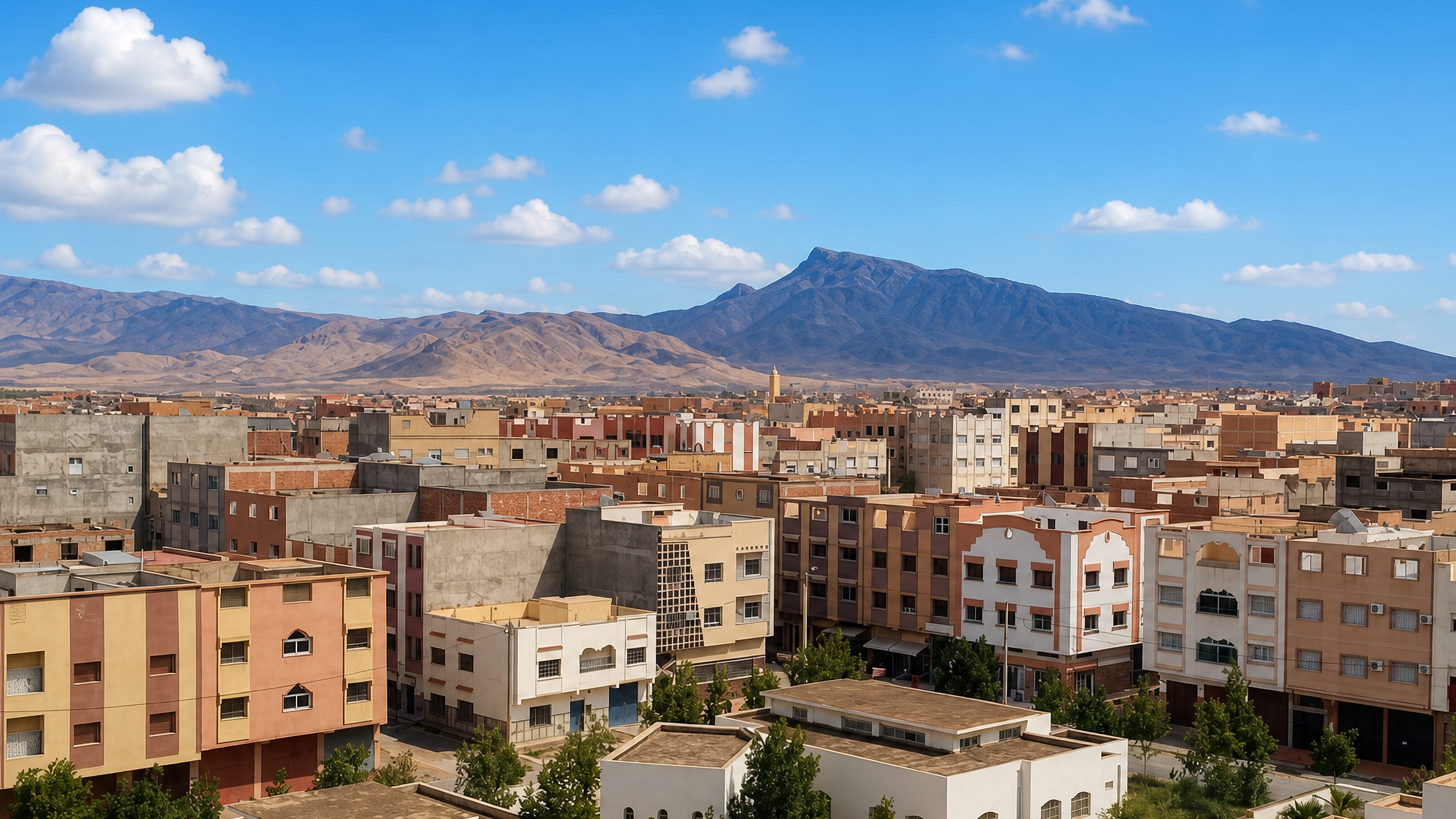 Rooftops and low apartment blocks of Taourirt, Morocco, with a minaret and arid mountains rising behind.