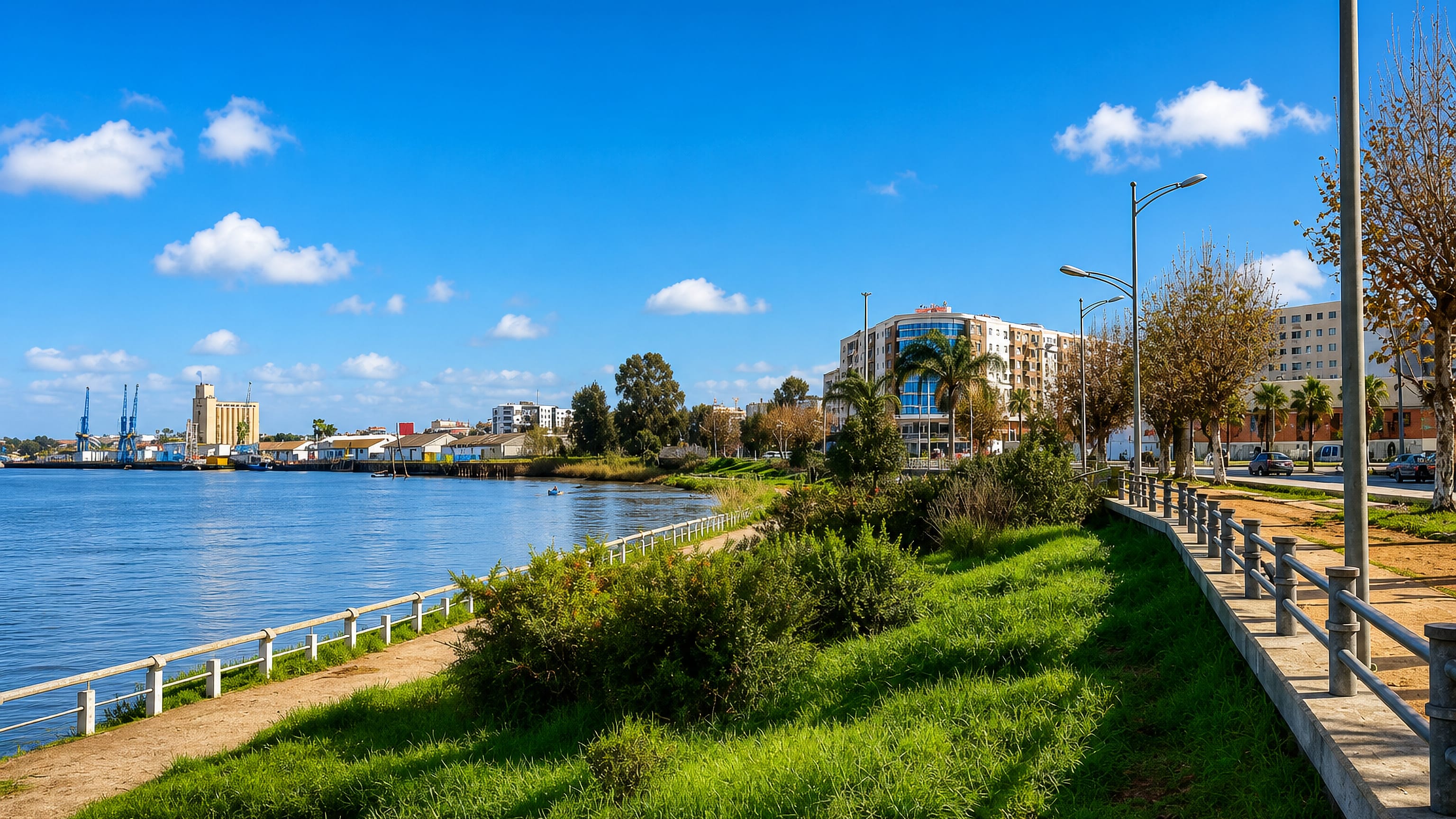 Kenitra's Sebou riverbank promenade with port cranes and grain silos across the water.