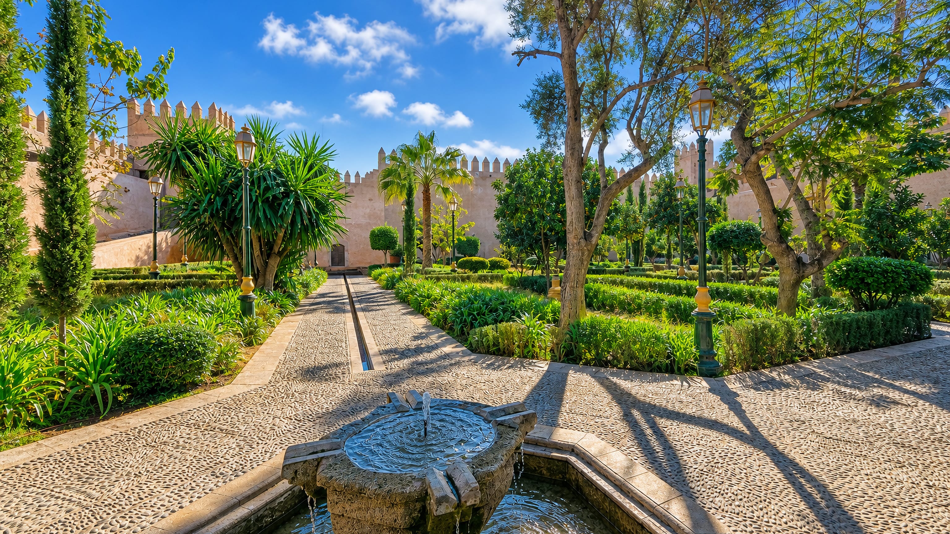 Andalusian Gardens and crenellated kasbah walls of the Oudayas in Rabat, with a fountain and hedges.