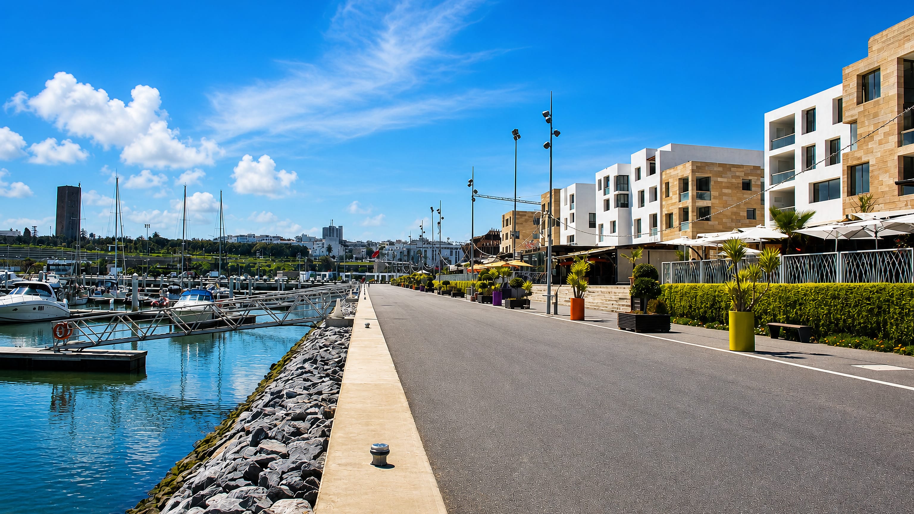 Bouregreg marina promenade in Salé, with moored yachts, palm-lined cafés and modern white apartment blocks.