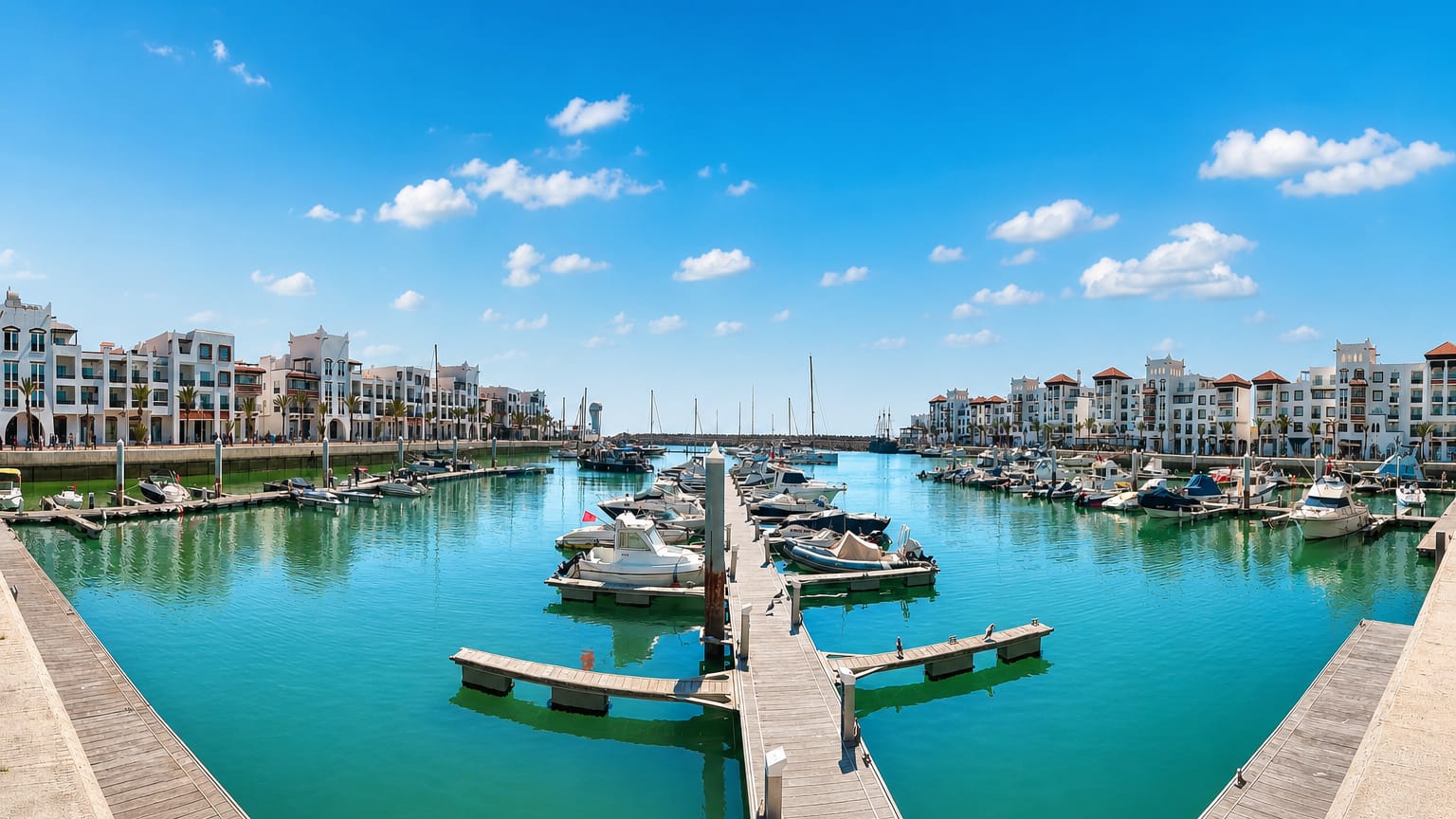 Agadir Marina with moored yachts, wooden pontoons and white waterfront apartment blocks under a blue sky