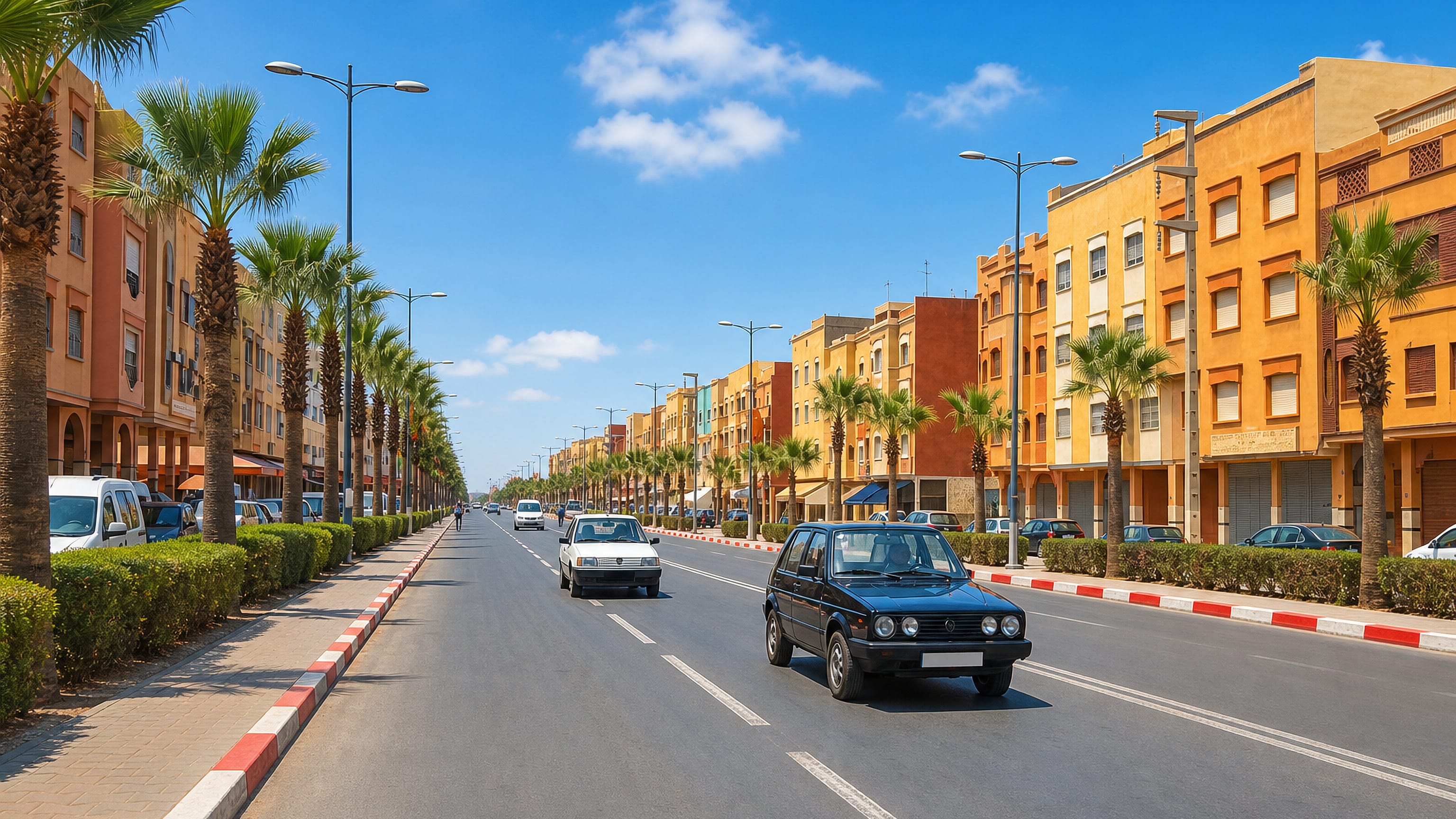 Palm-lined main boulevard flanked by ochre and orange low-rise blocks in Oulad Teïma, Souss-Massa, Morocco.