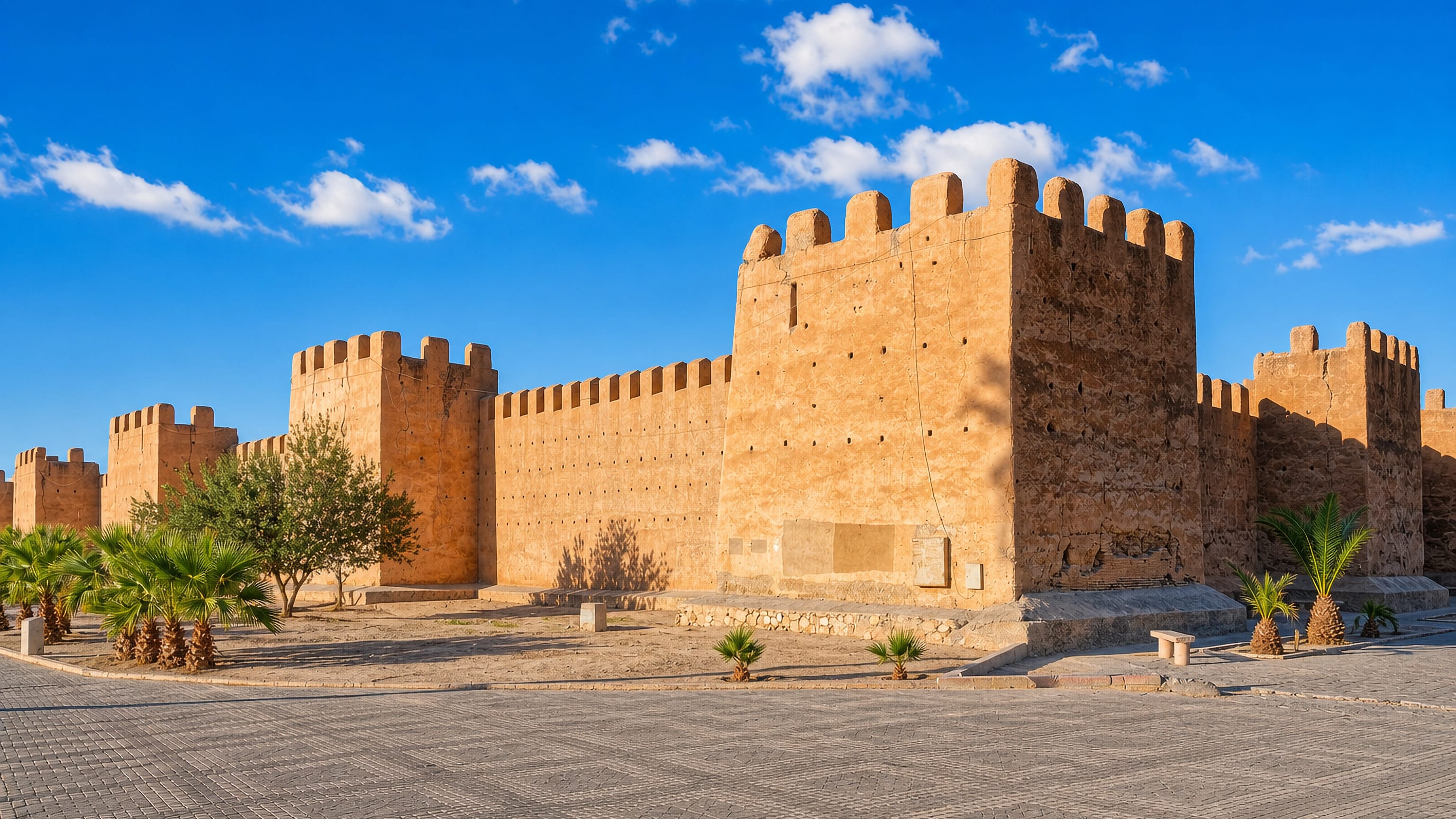 The crenellated earthen ramparts of Taroudant, Morocco, with palms along the open square below