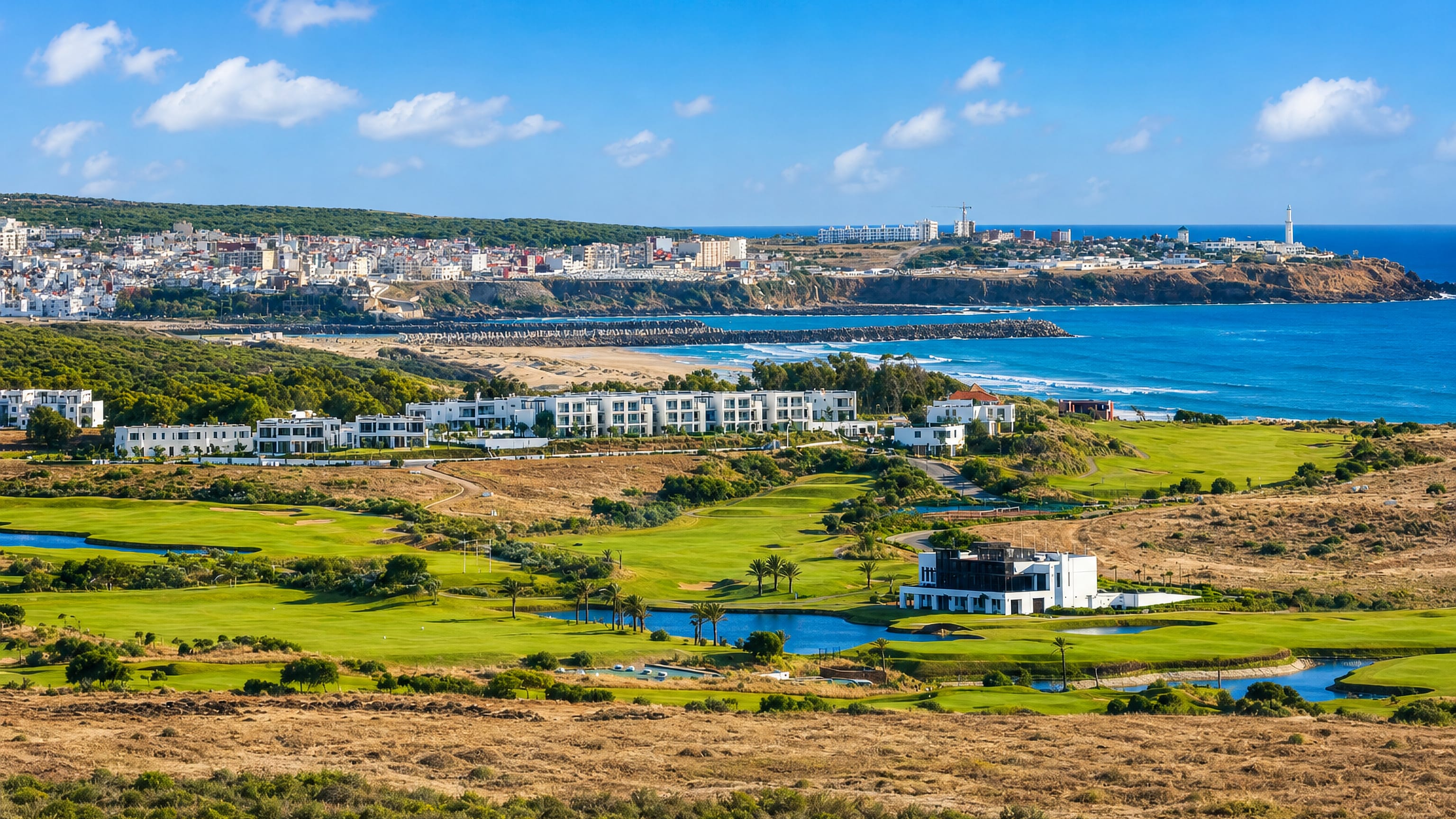 Whitewashed Larache on its Atlantic clifftop above the beach, with green links and coastal scrub below, Morocco.
