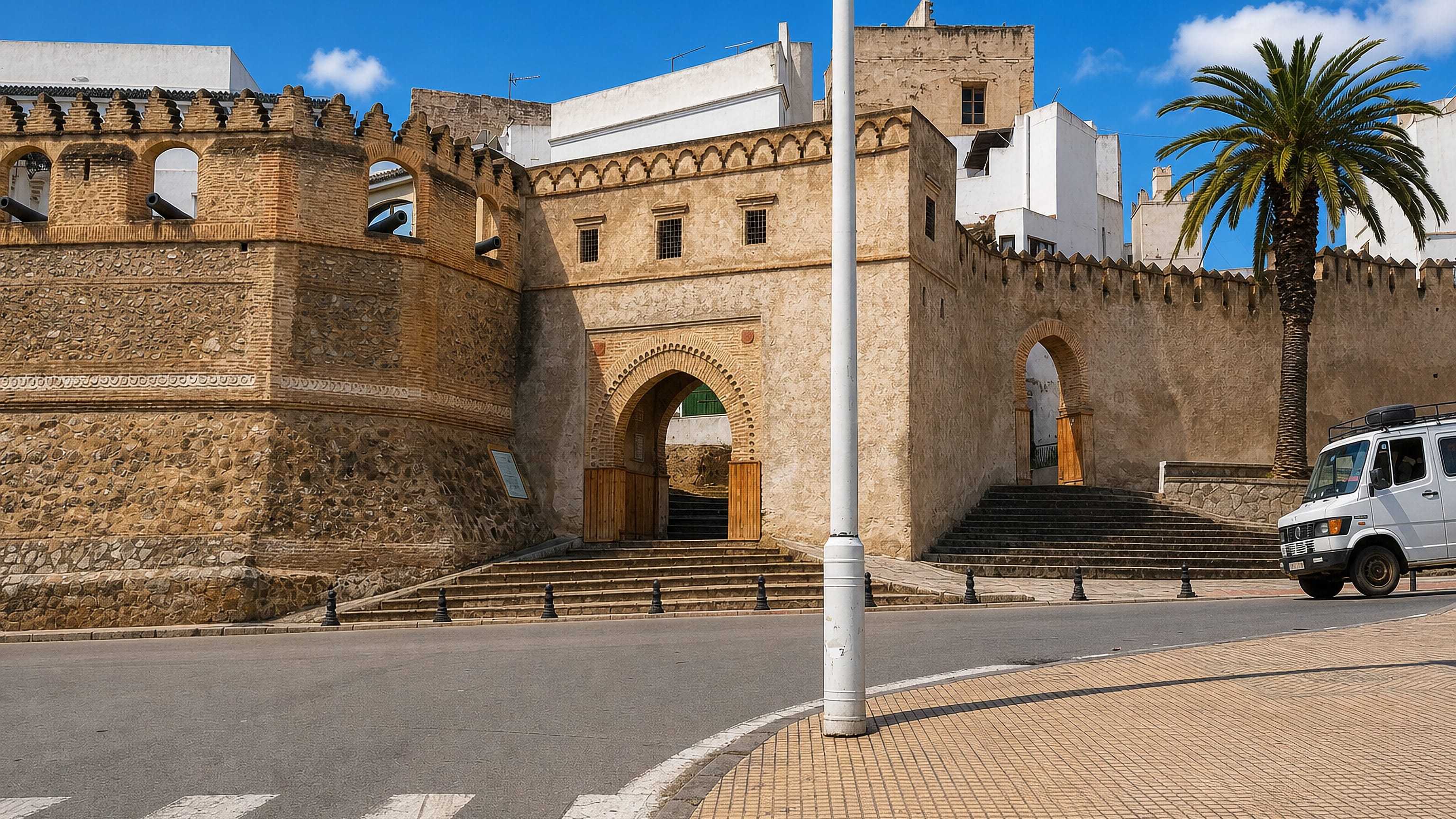 Horseshoe-arch gateway and cannon-topped medina walls at Bab El Oqla, Tetouan.