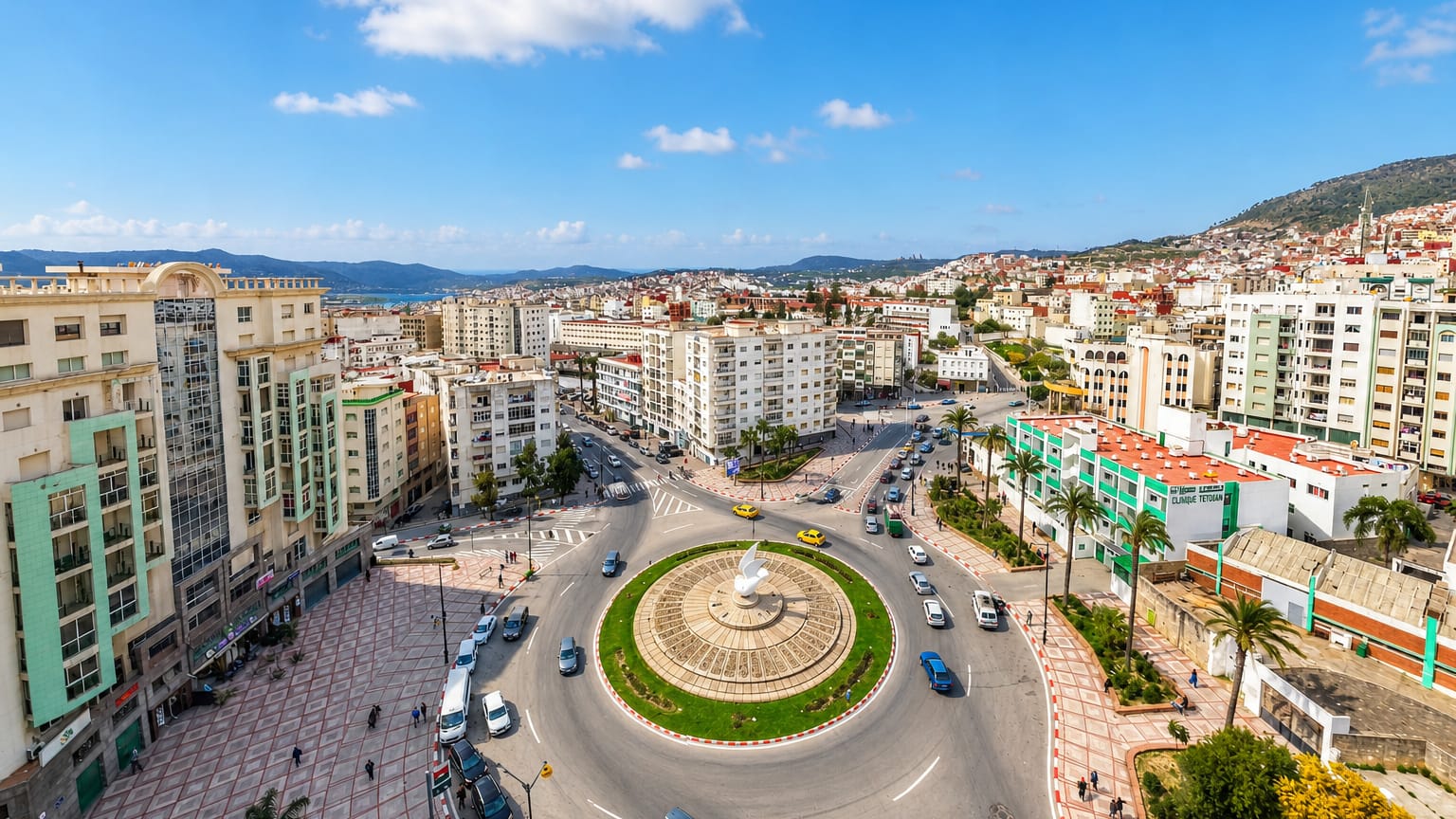 Aerial view of a Tetouan fountain roundabout, palm-lined plaza and white buildings with hills and sea beyond