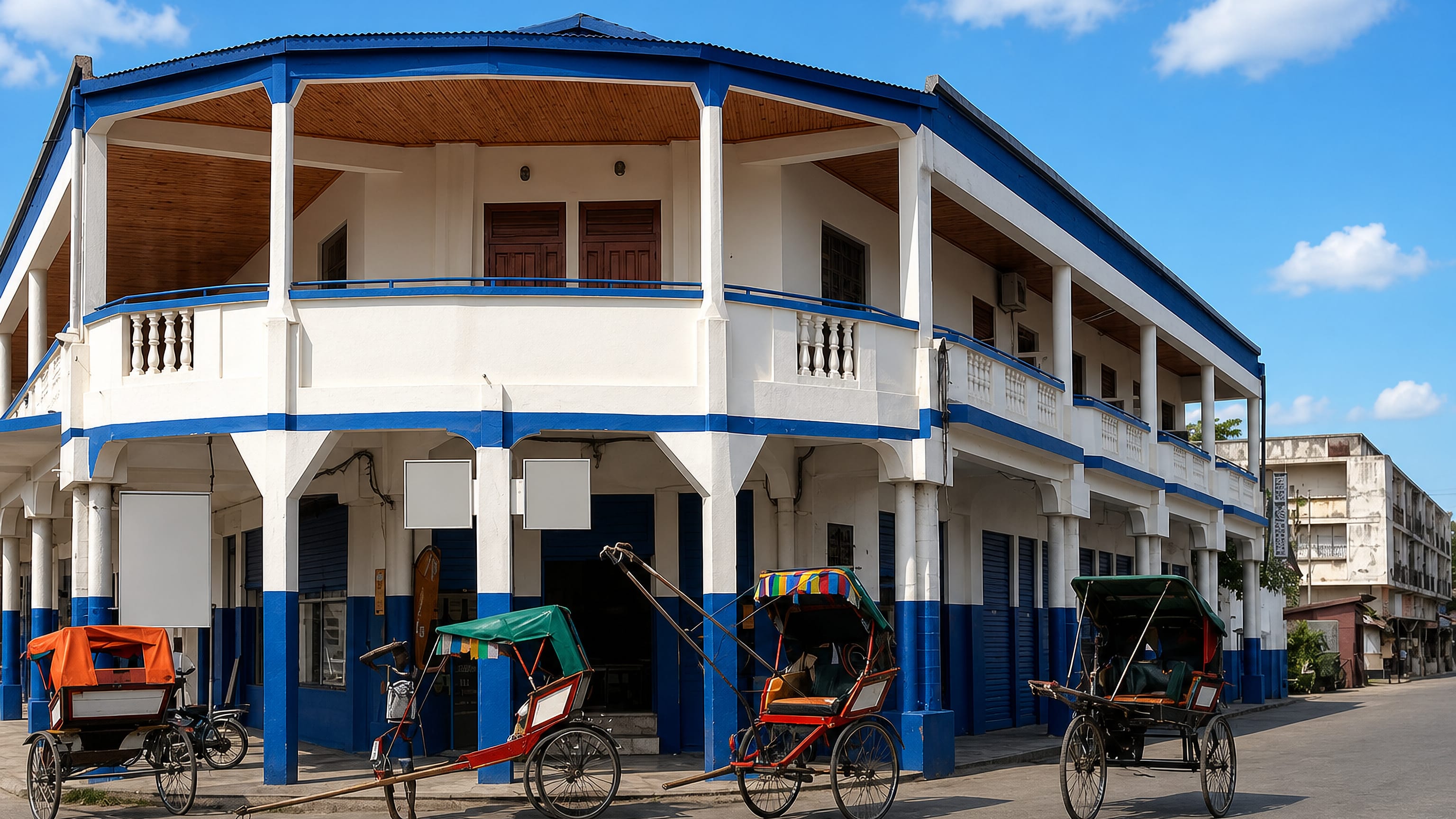 Blue-and-white colonial arcade building with pousse-pousse rickshaws lined up on a street in Toliara.