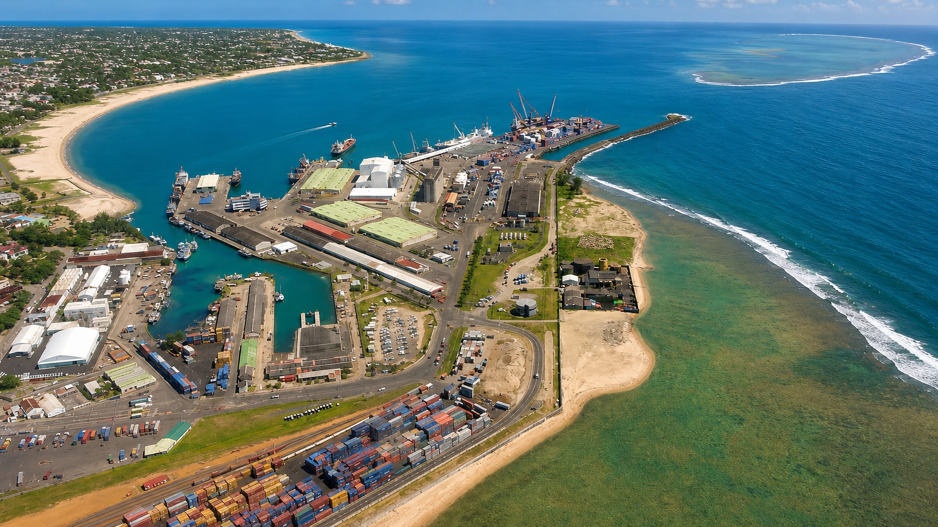 Aerial view of Toamasina's container port and breakwater on Madagascar's east coast beside a reef-fringed shore.