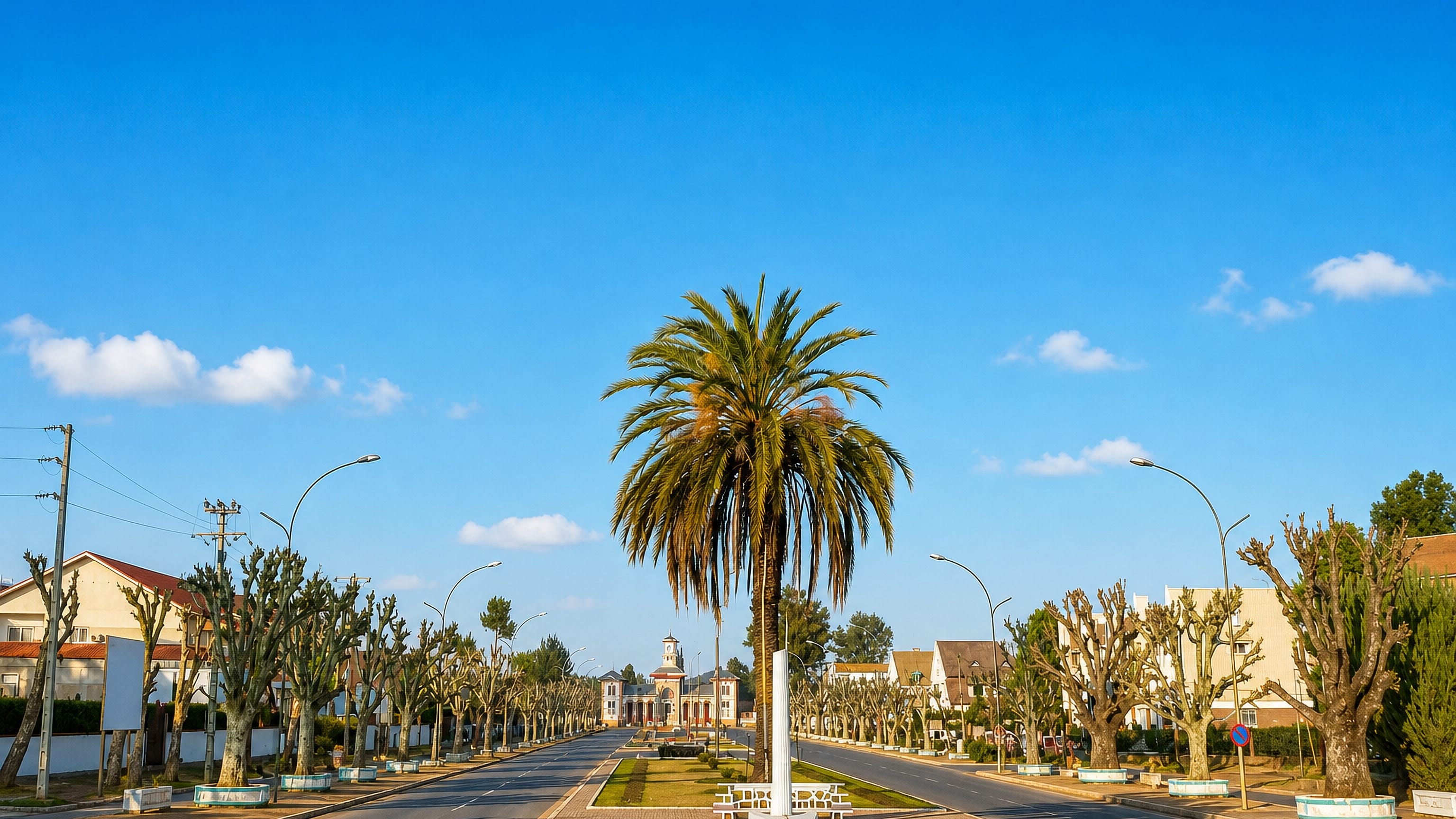 A palm-lined boulevard in Antsirabe running toward a colonial-era building with a clock tower