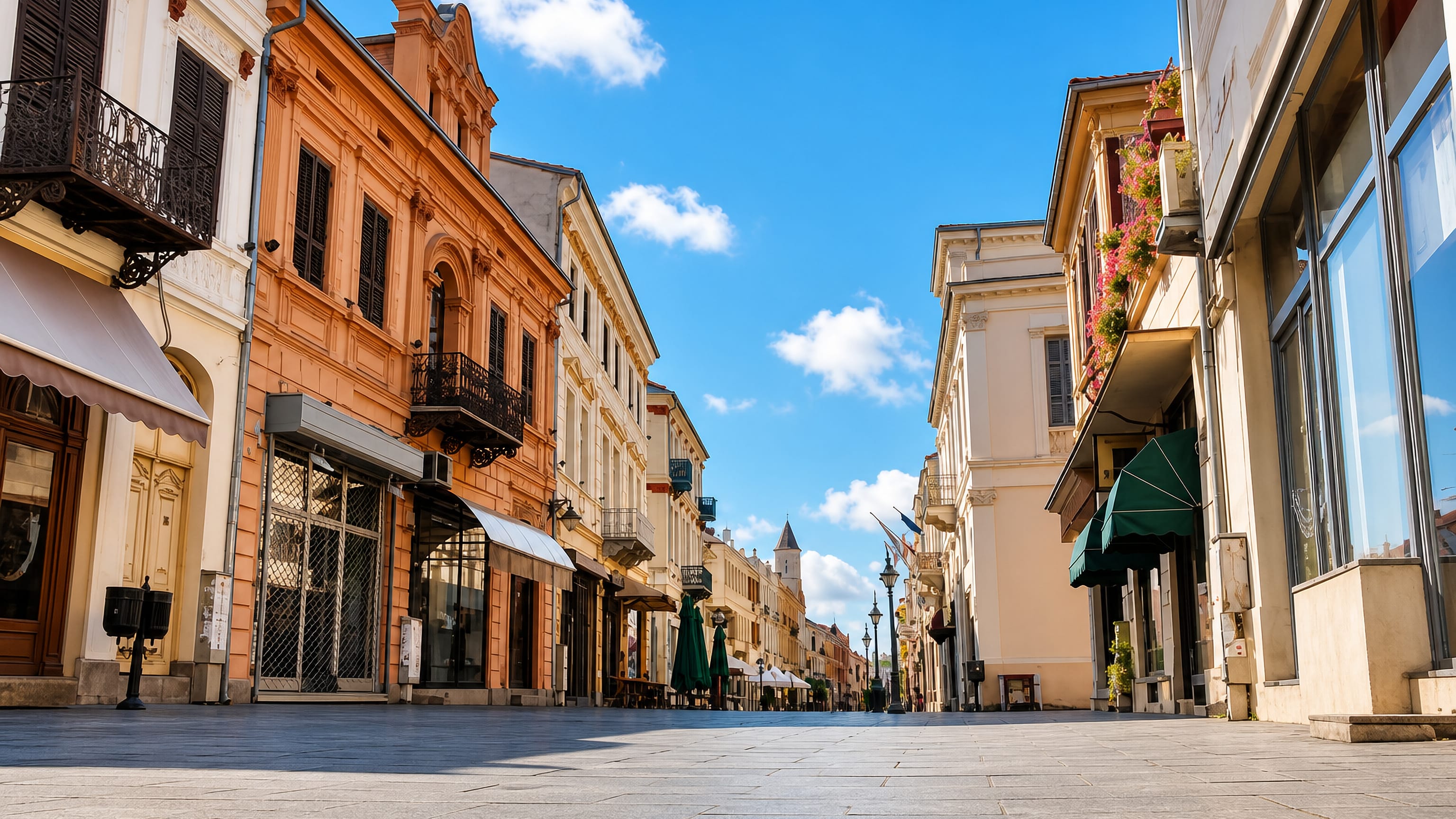 Bitola's Širok Sokak promenade lined with pastel neoclassical facades, café awnings and a clock tower beyond.