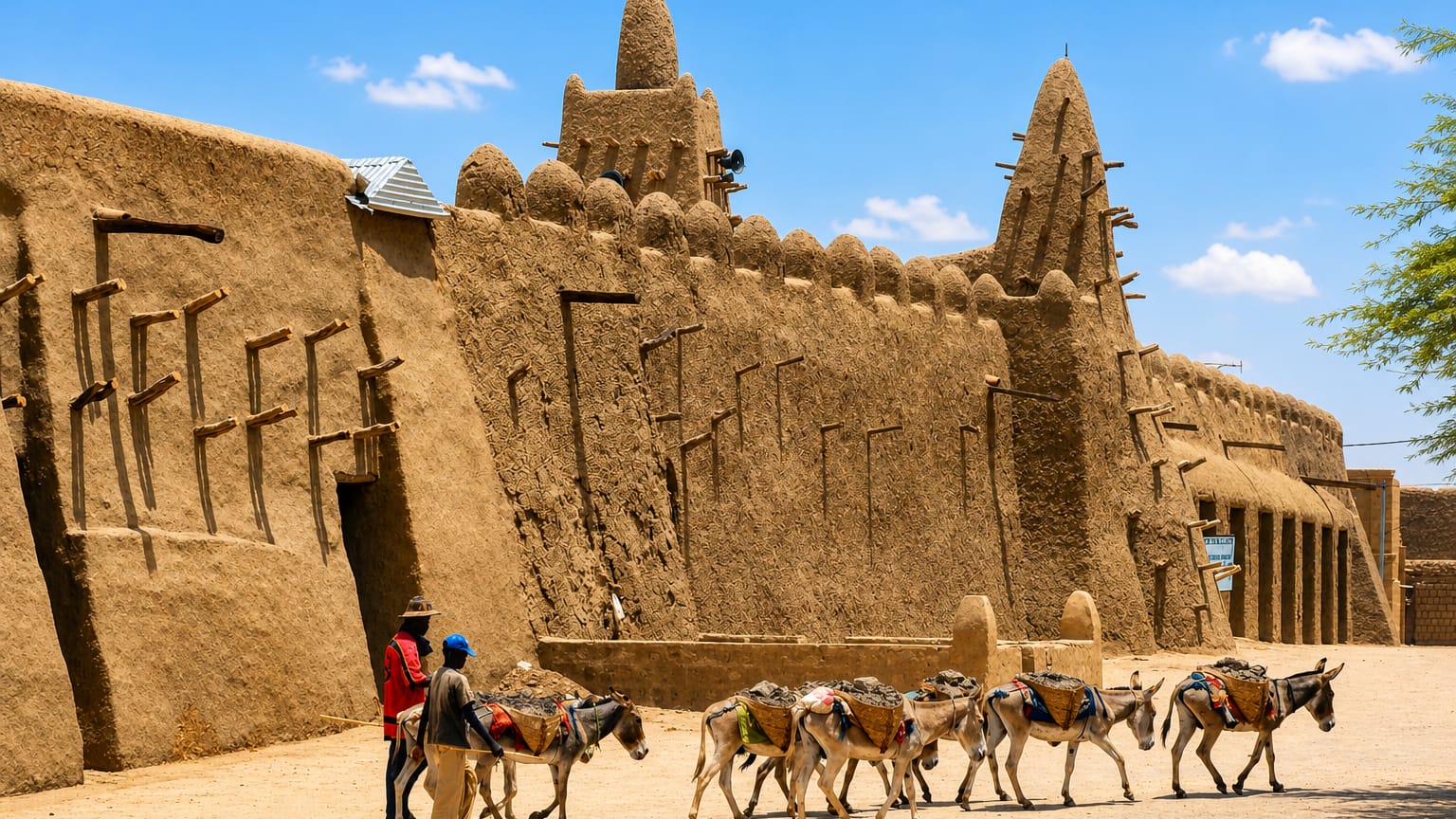 The mud-brick Djinguereber Mosque in Timbuktu with a donkey caravan crossing the sandy square.