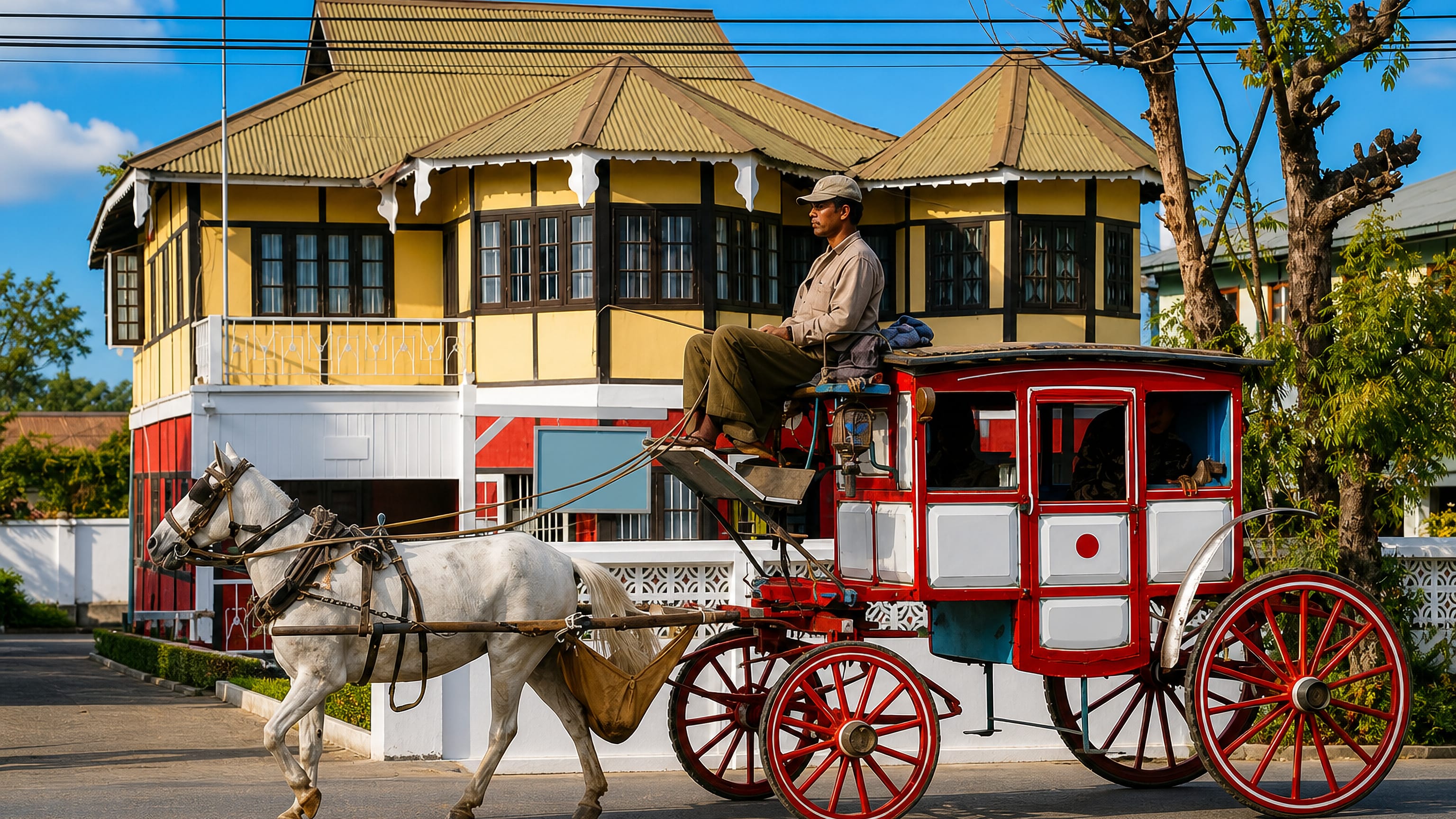 A red horse-drawn carriage passing a colonial-era timbered villa on a sunny street in Pyin Oo Lwin, Myanmar.