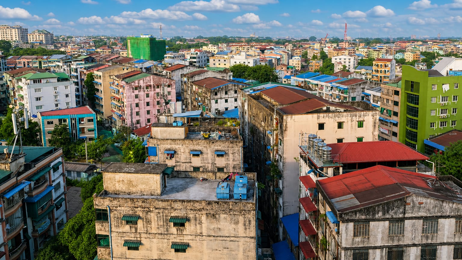 Rooftop view over Yangon's densely packed, colourful weathered mid-rise apartment blocks.