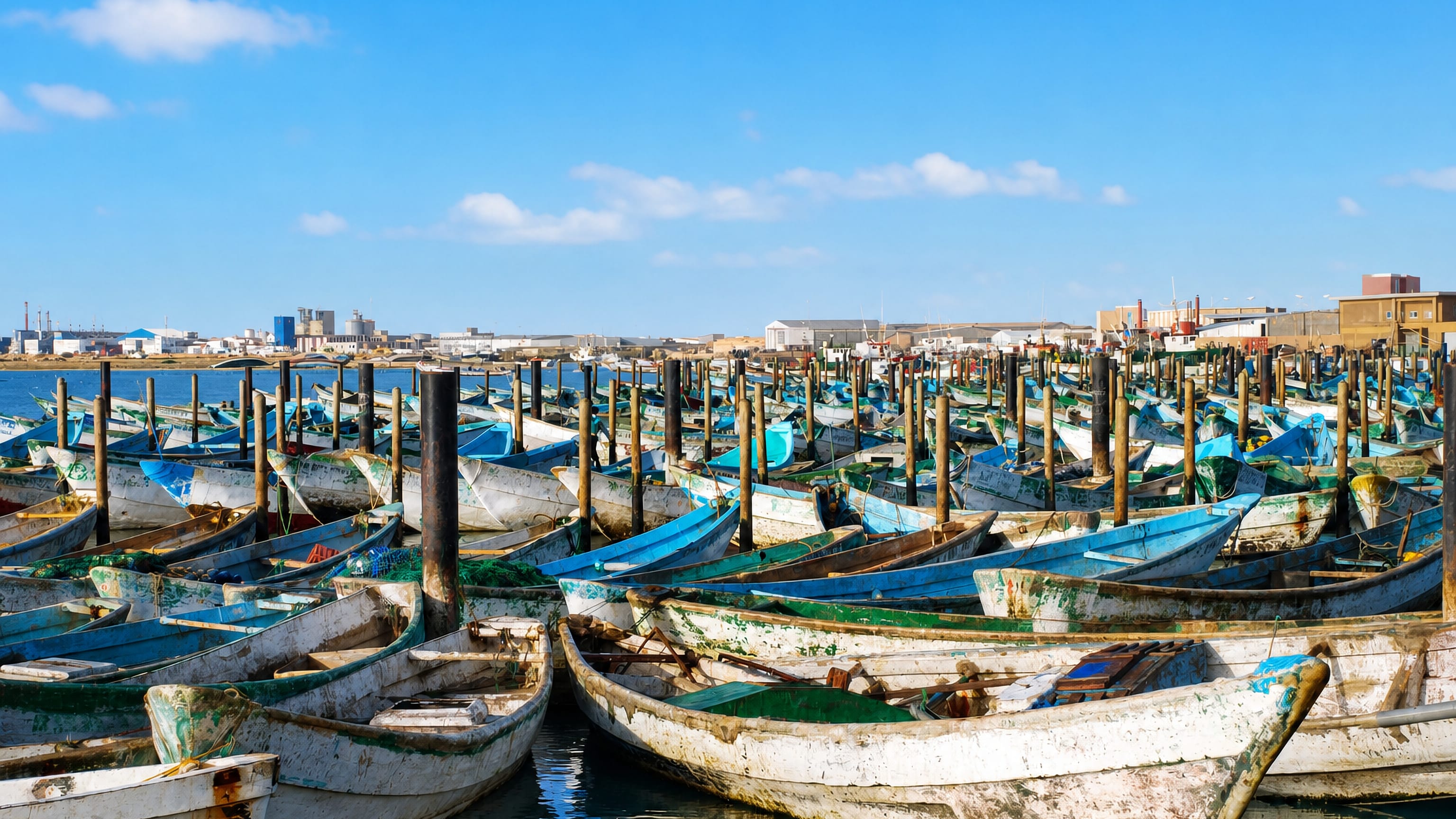 Wooden fishing pirogues packed together in the harbour at Nouadhibou, Mauritania, with the port town behind.