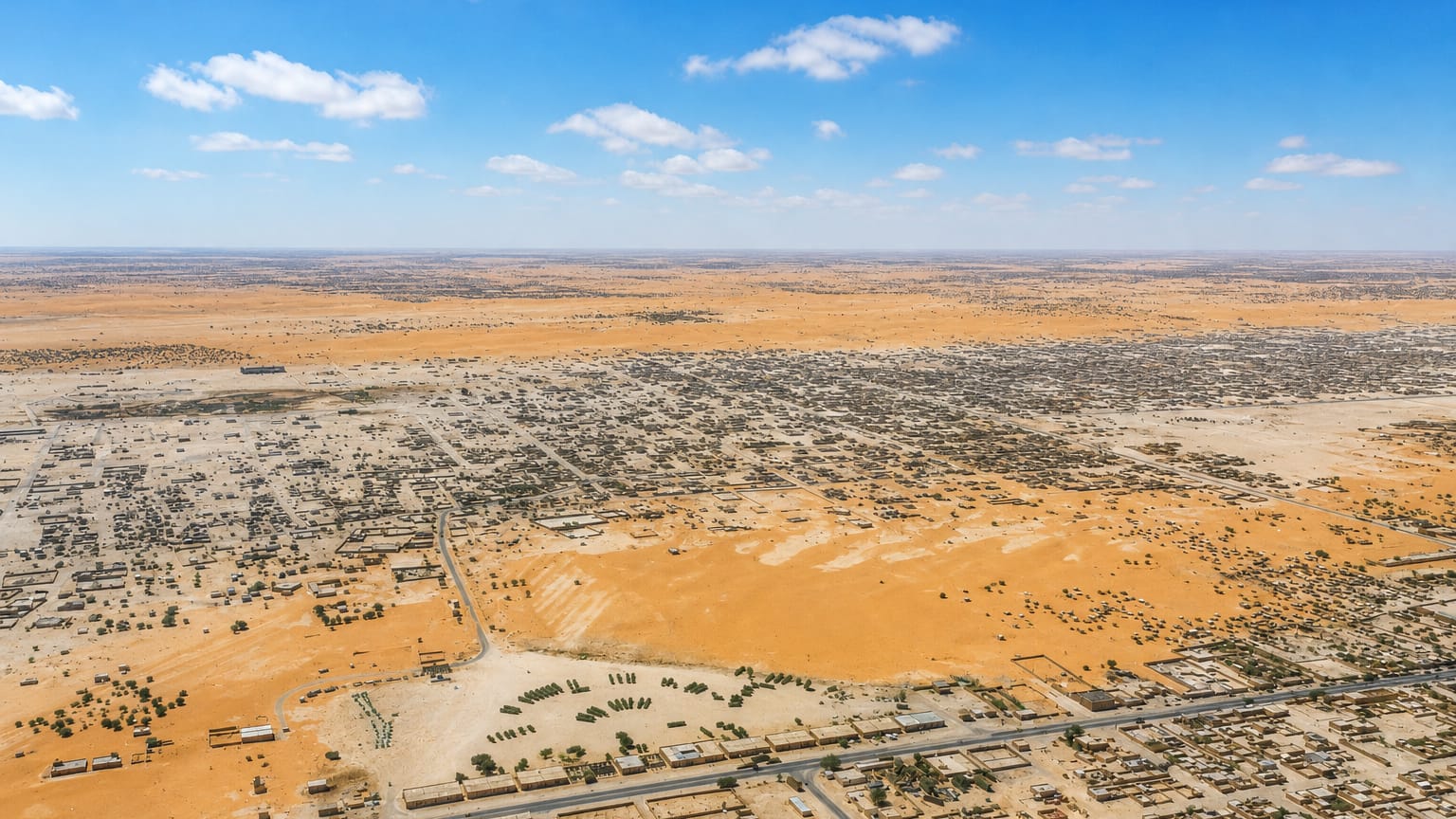 Aerial view of Nouakchott's low-rise sprawl spreading across the flat Saharan sands under a blue sky.