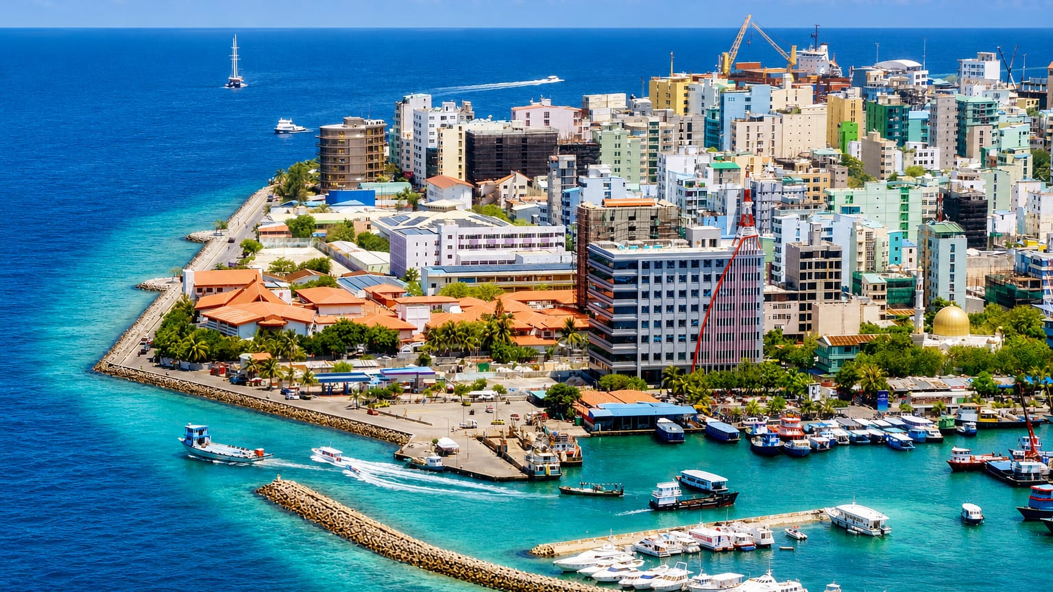 Aerial view of Malé, Maldives, its densely packed island capital ringed by turquoise lagoon and a boat-filled harbour