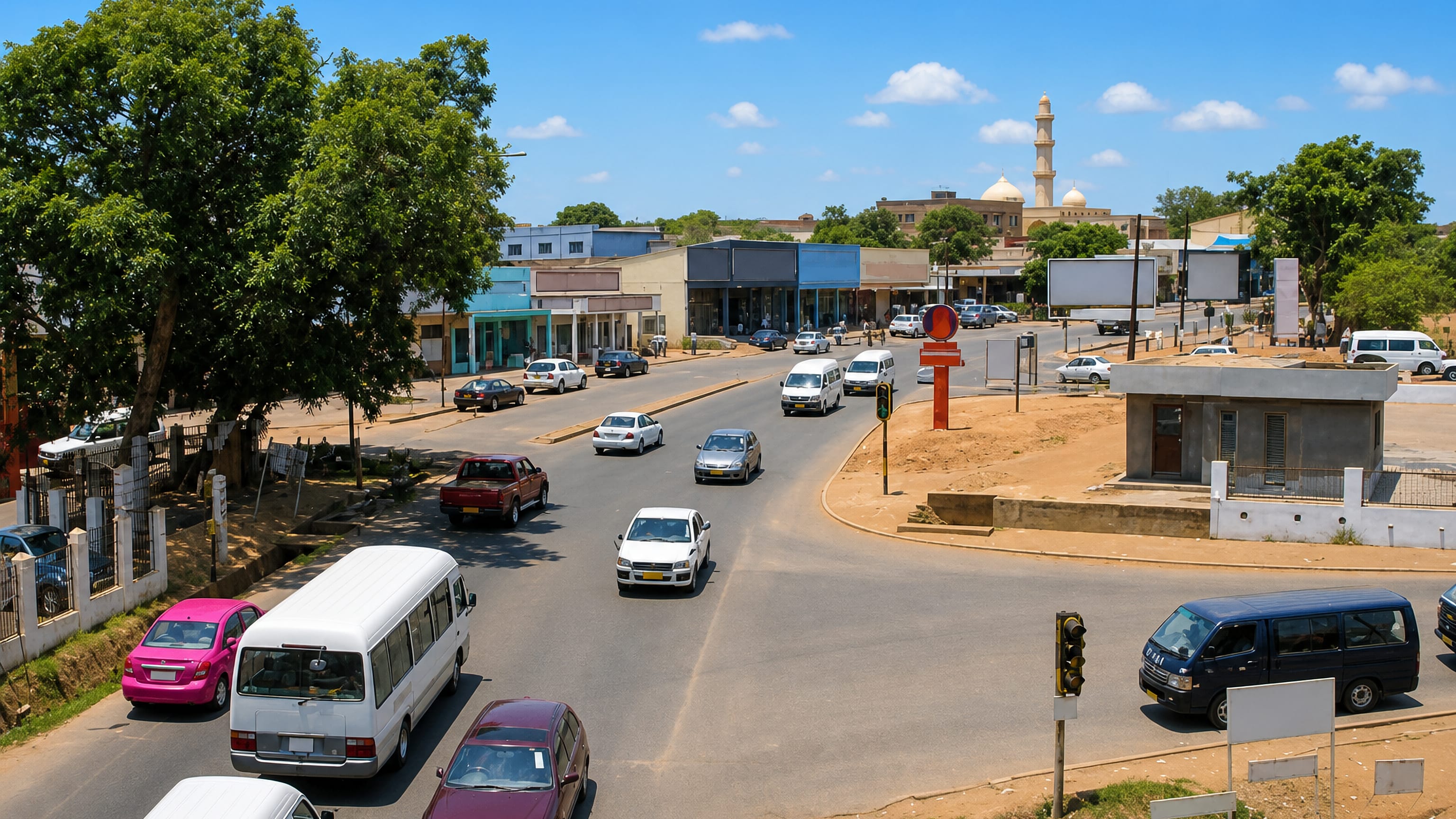 Traffic and low-rise shopfronts along a sunlit street in Old Town Lilongwe, a mosque minaret beyond.