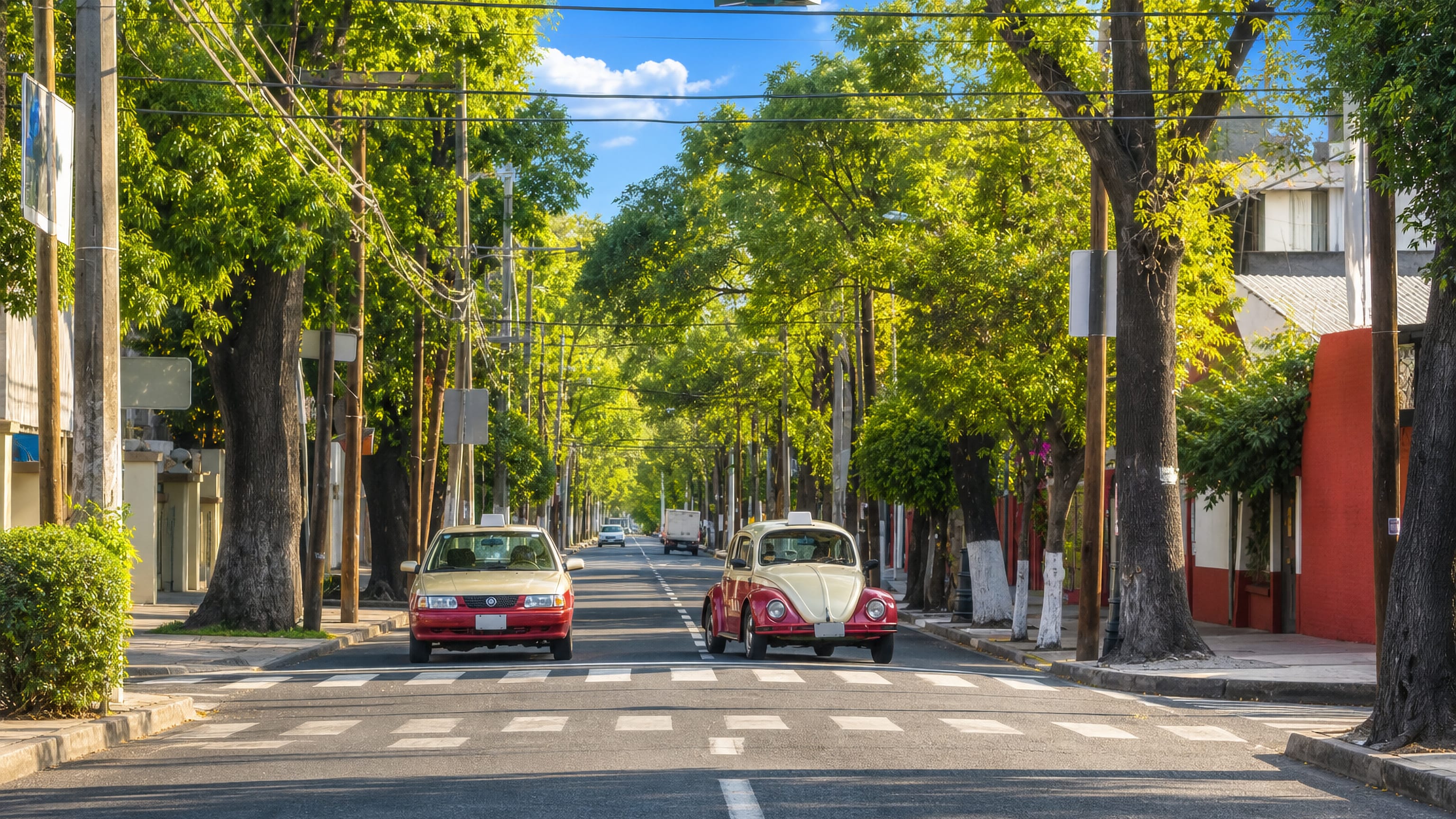 Tree-lined residential street in Azcapotzalco, Mexico City, with classic red-and-cream city taxis.