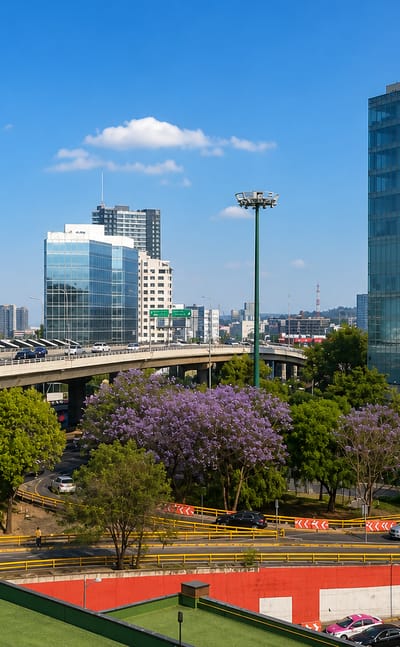 Mexico City modern glass towers beside an elevated freeway with a blooming jacaranda tree on a bright day.