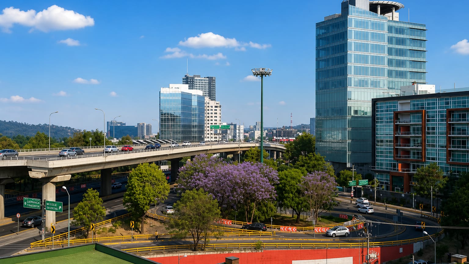 Mexico City modern glass towers beside an elevated freeway with a blooming jacaranda tree on a bright day.