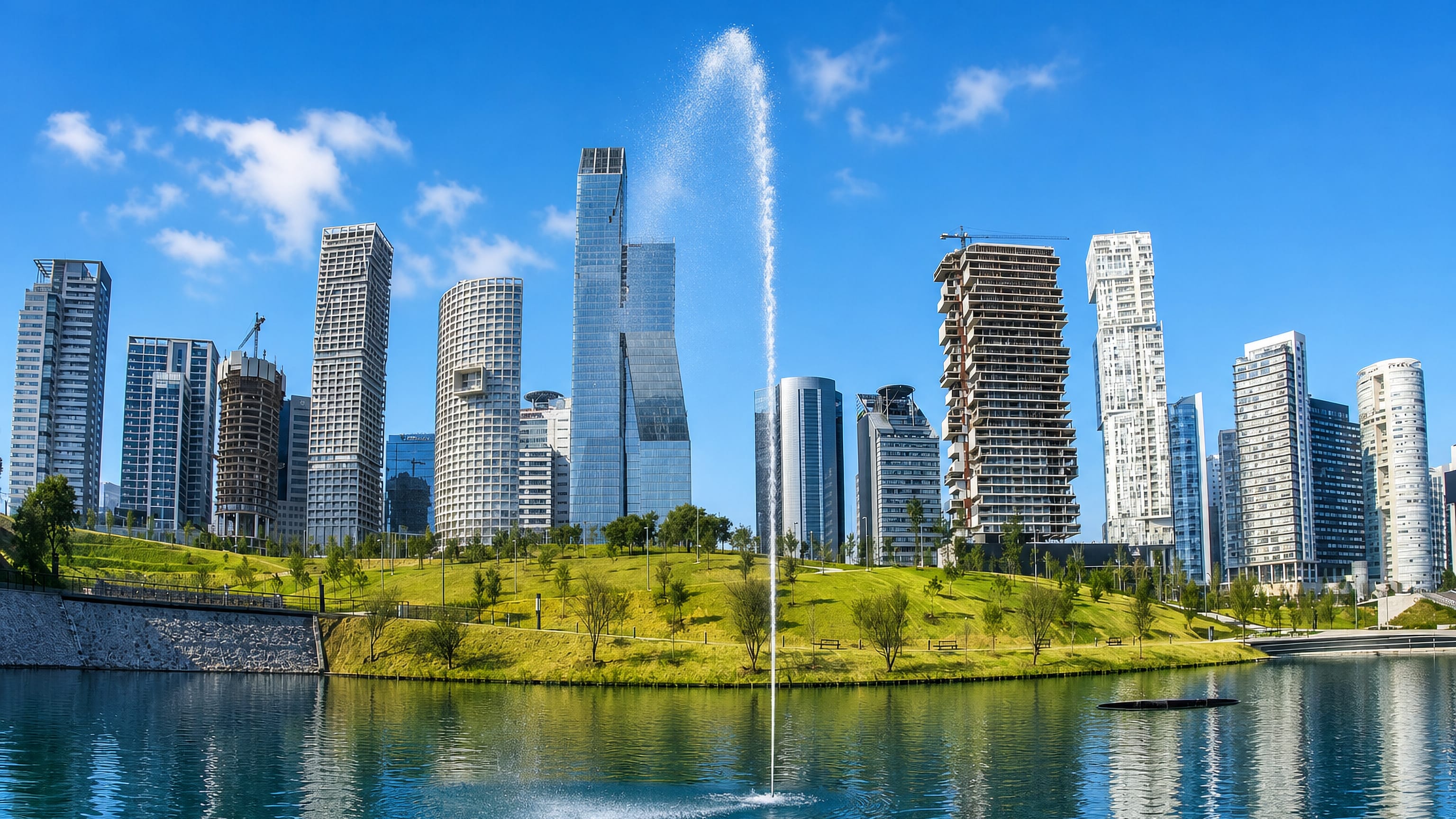 Santa Fe's high-rise skyline above the lake and fountain of Parque La Mexicana in western Mexico City.