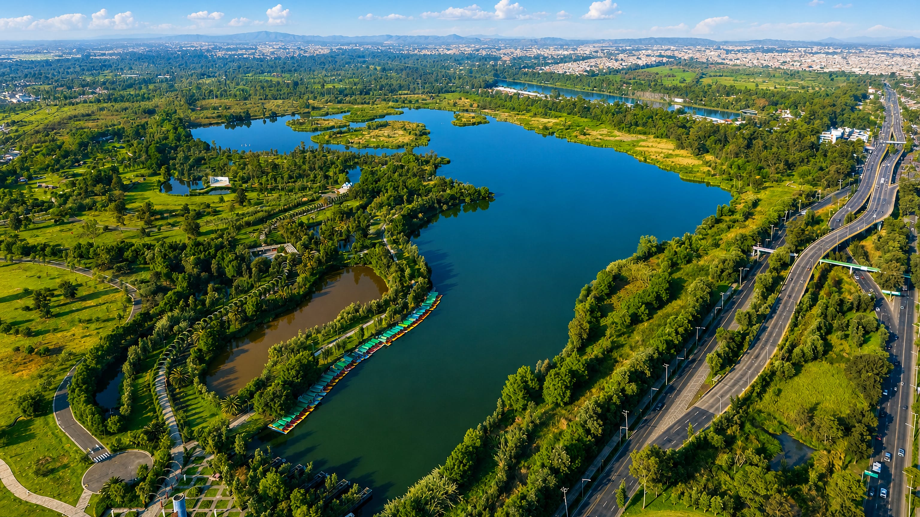 Aerial view of the lake, wooded parkland and moored trajinera boats at Xochimilco in Mexico City.