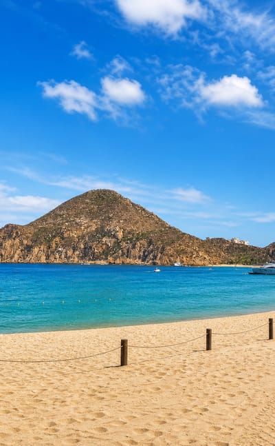 Sandy Medano Beach at Cabo San Lucas with turquoise water, a palm and the Land's End rock headland.