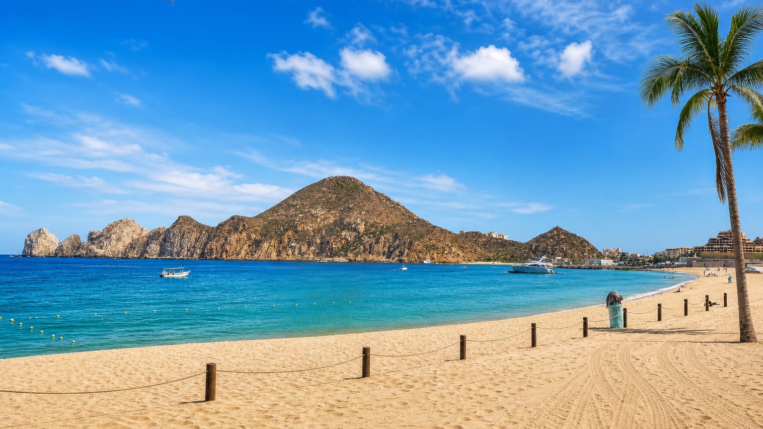 Sandy Medano Beach at Cabo San Lucas with turquoise water, a palm and the Land's End rock headland.