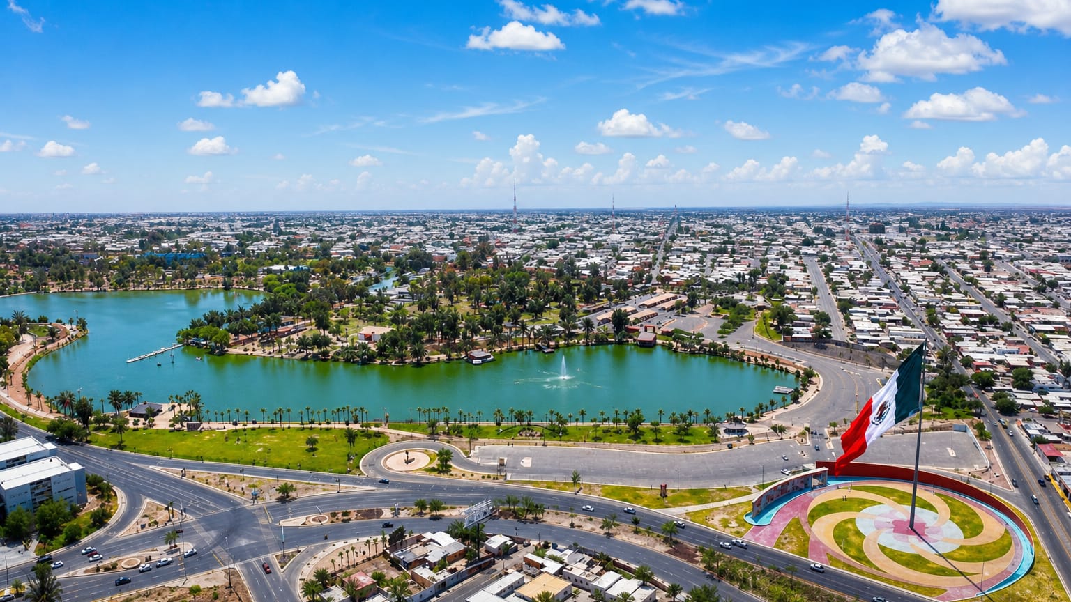 Aerial view of Mexicali's flat sprawl around a park lake and a giant Mexican flag on a monumental flagpole.