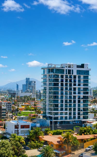 Tijuana cityscape of modern towers and homes with palm trees and distant mountains under blue sky.