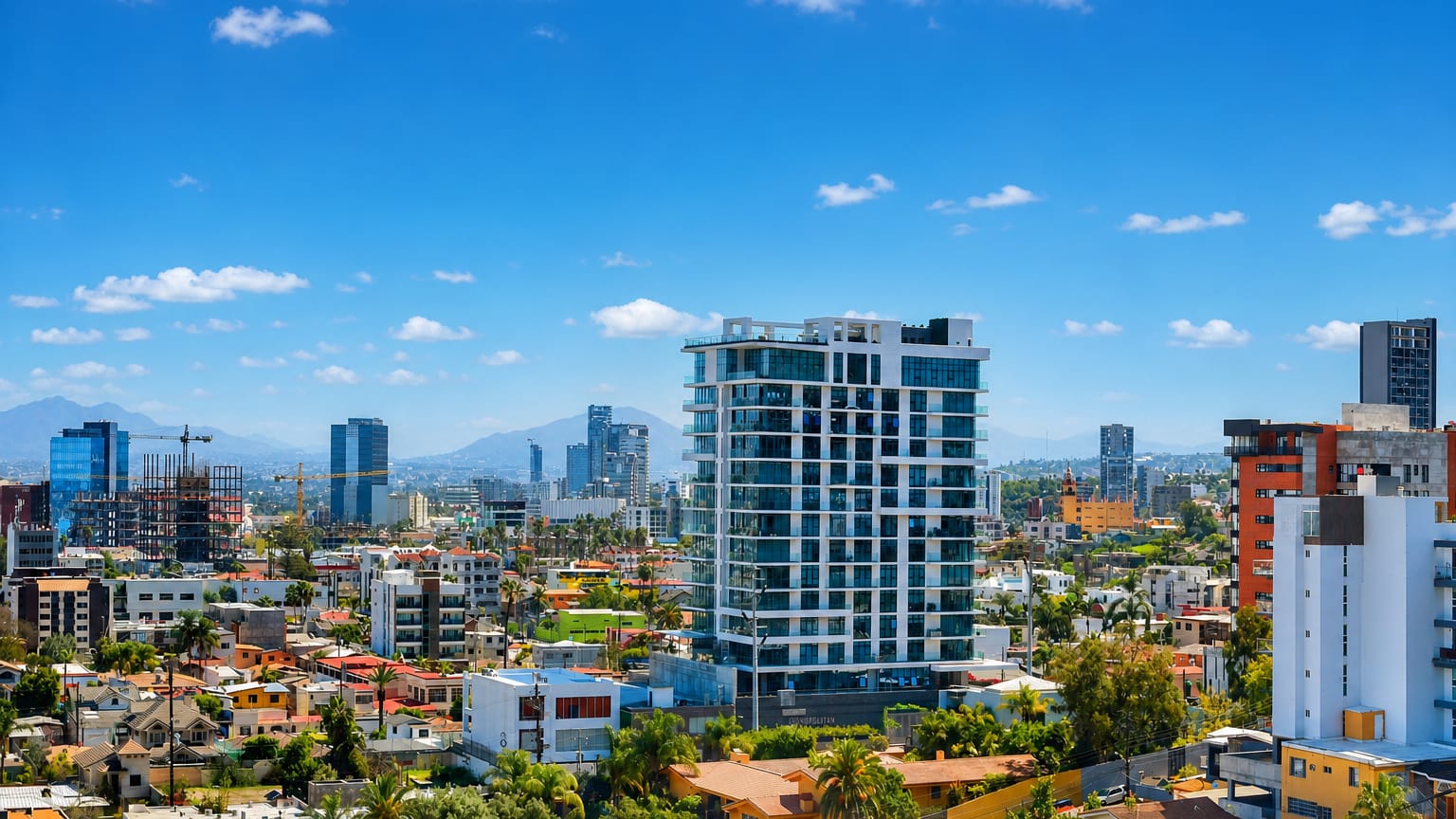 Tijuana cityscape of modern towers and homes with palm trees and distant mountains under blue sky.
