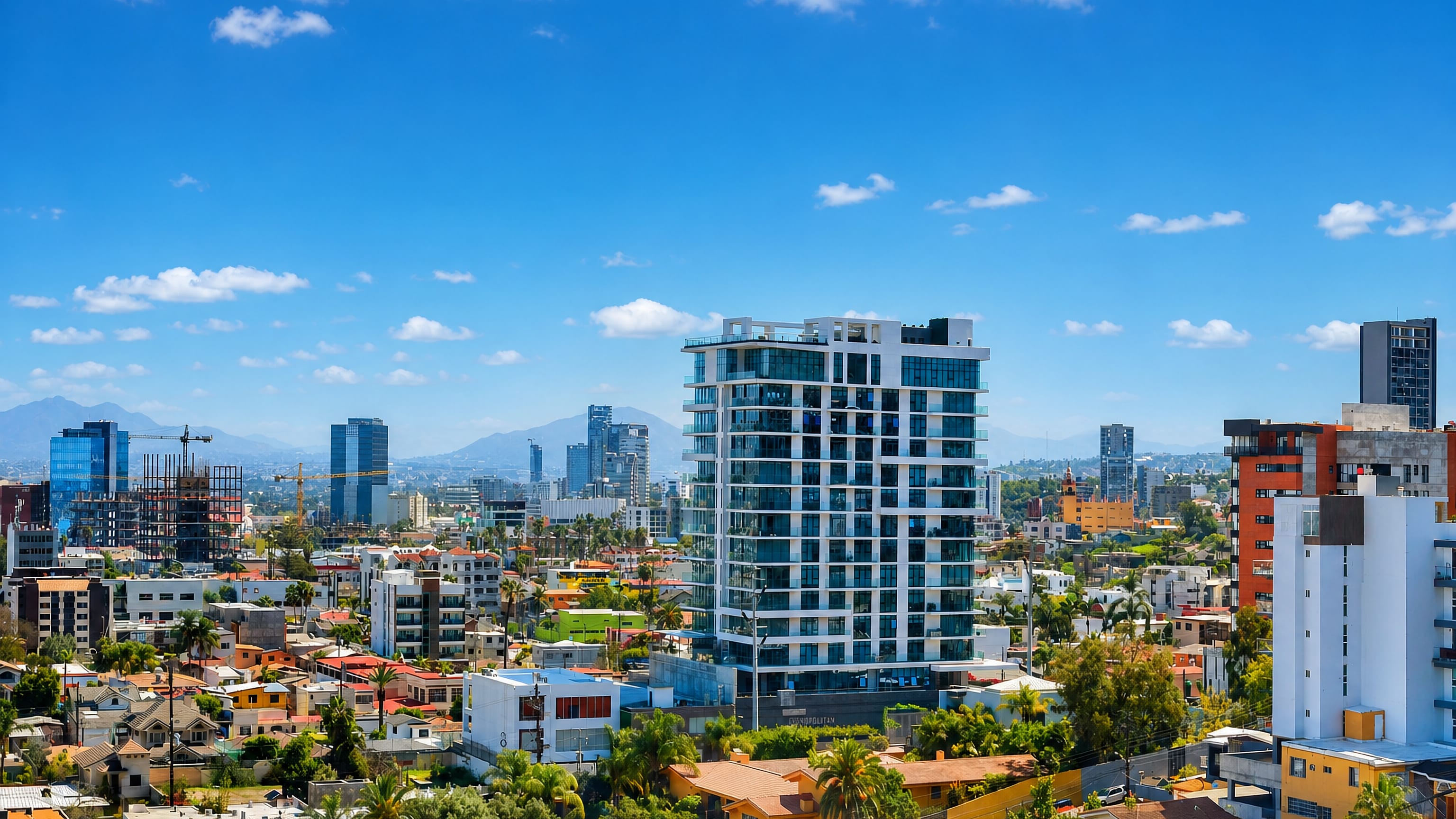 Tijuana cityscape of modern towers and homes with palm trees and distant mountains under blue sky.