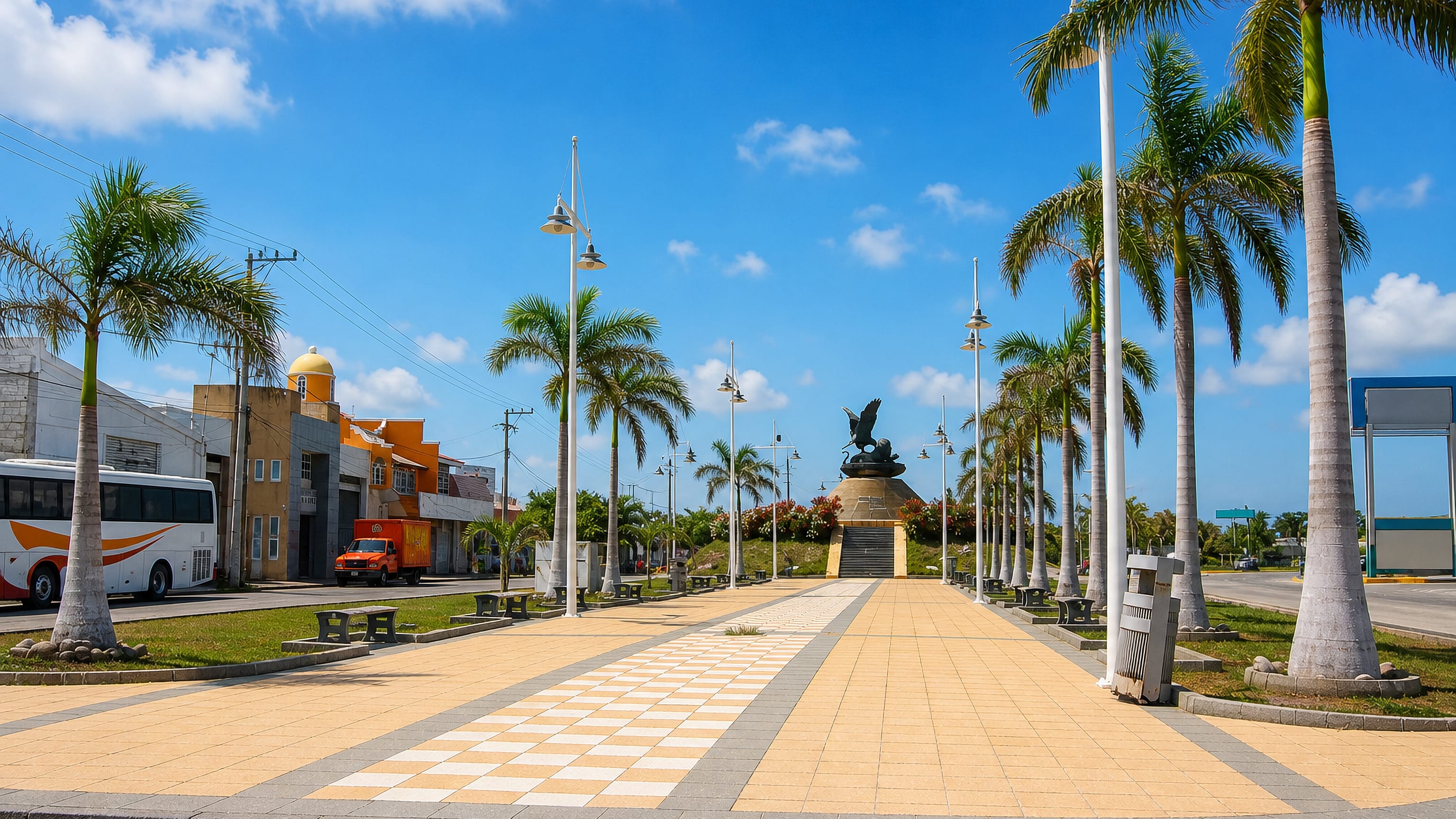 Palm-lined boulevard leading to a bronze bird monument under a bright sky in Ciudad del Carmen, Campeche.