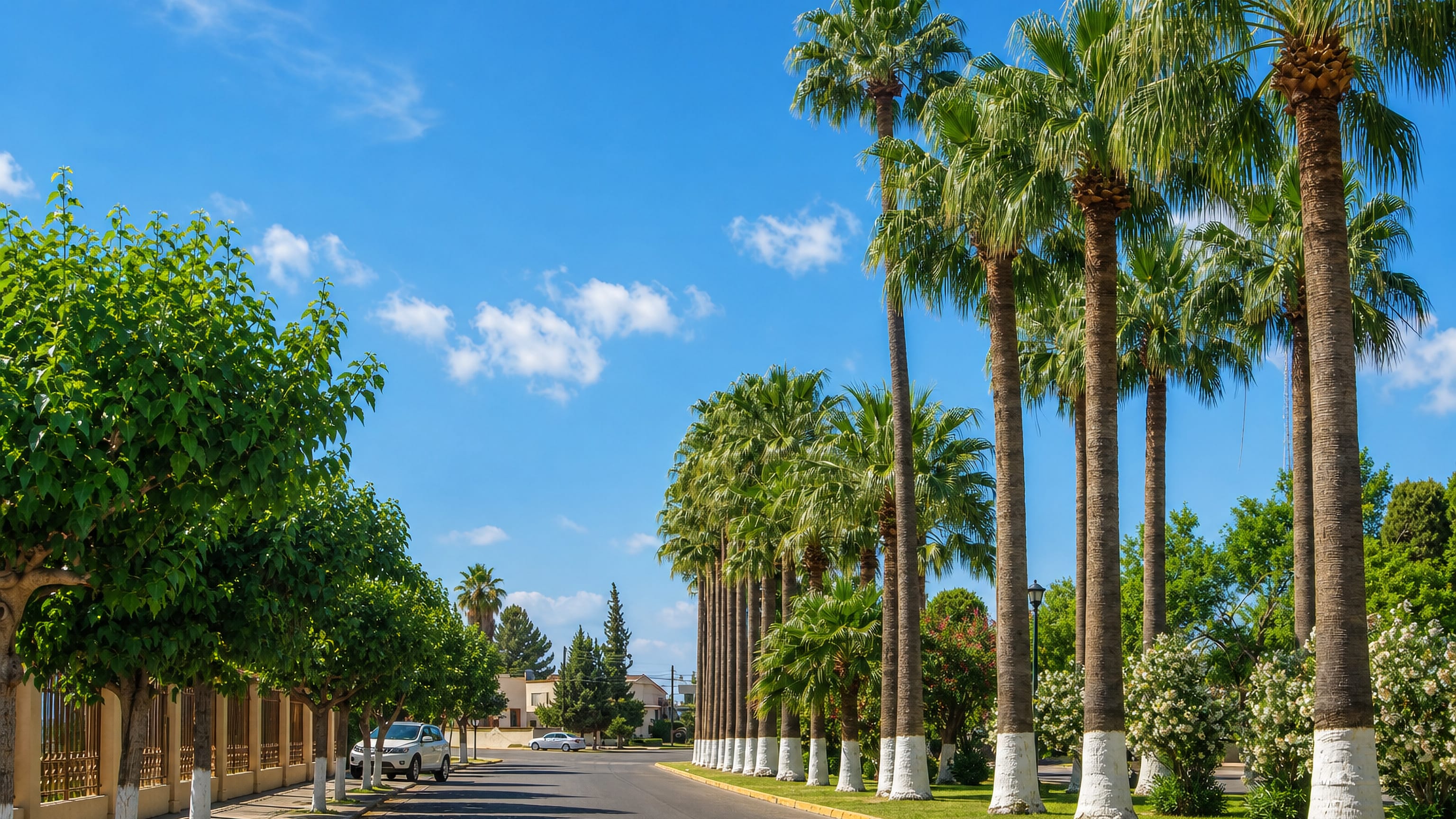 A palm-lined avenue with whitewashed trunks running through a residential quarter of Ciudad Delicias, Mexico.