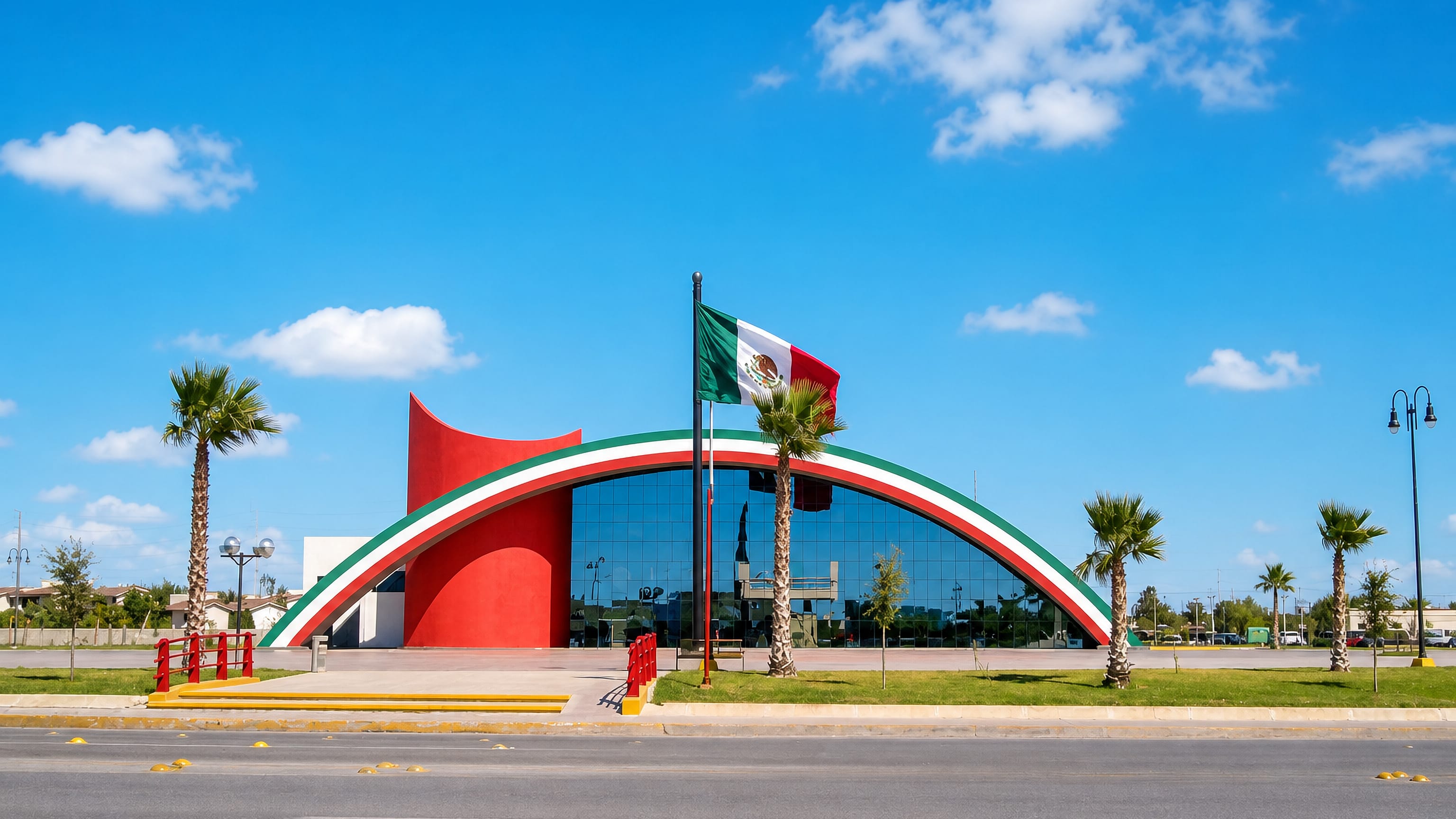 Arched monument painted in Mexican flag colours beside a boulevard at the entrance to Ciudad Acuña, Coahuila.