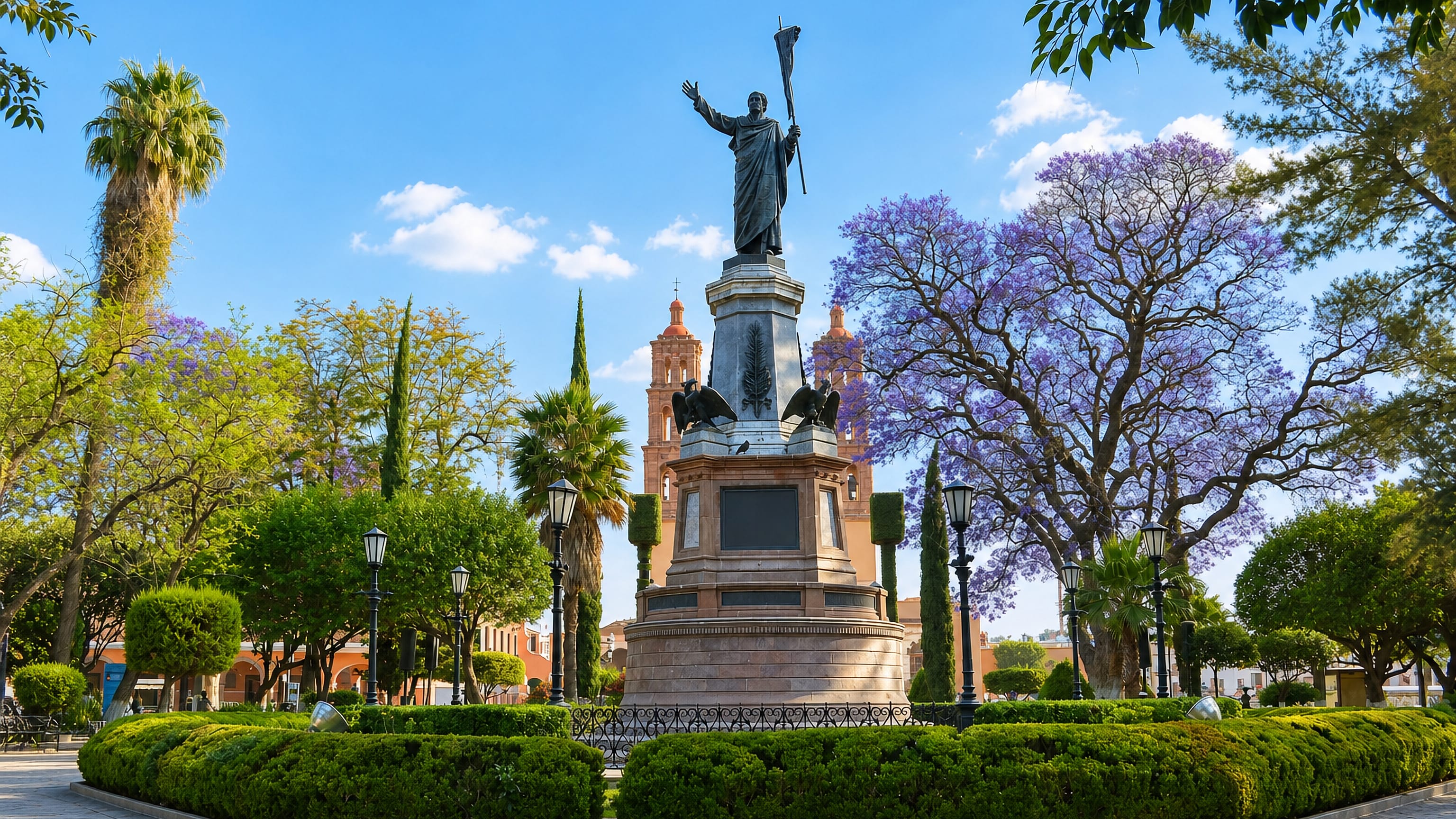 The Miguel Hidalgo monument and parish church towers on the jacaranda-lined main plaza of Dolores Hidalgo, Mexico.