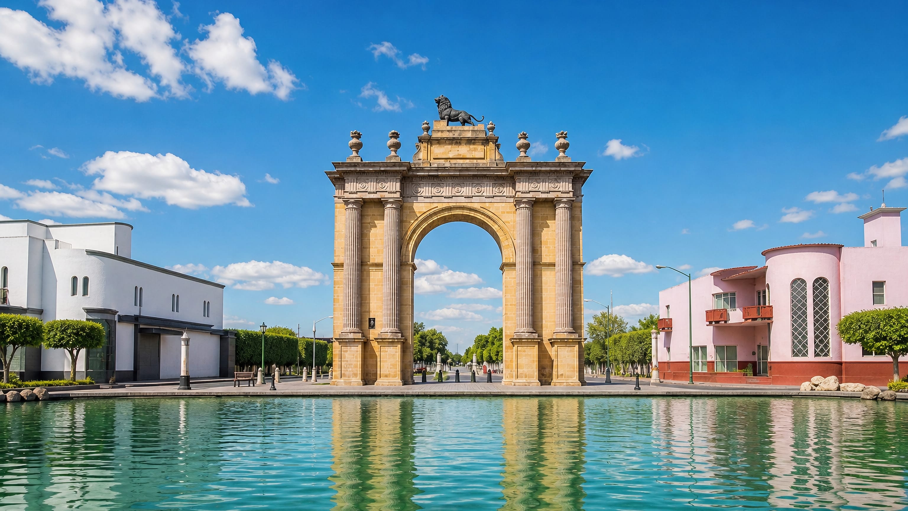The lion-topped Arco de la Calzada triumphal arch in León de los Aldama, Guanajuato, mirrored in water