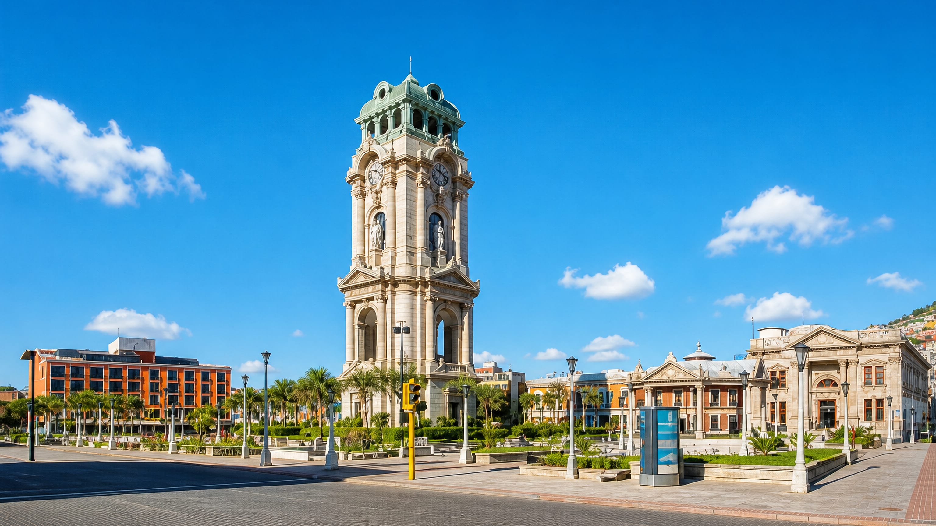 The Reloj Monumental clock tower rises over Plaza Independencia in Pachuca de Soto, Mexico, on a clear day.